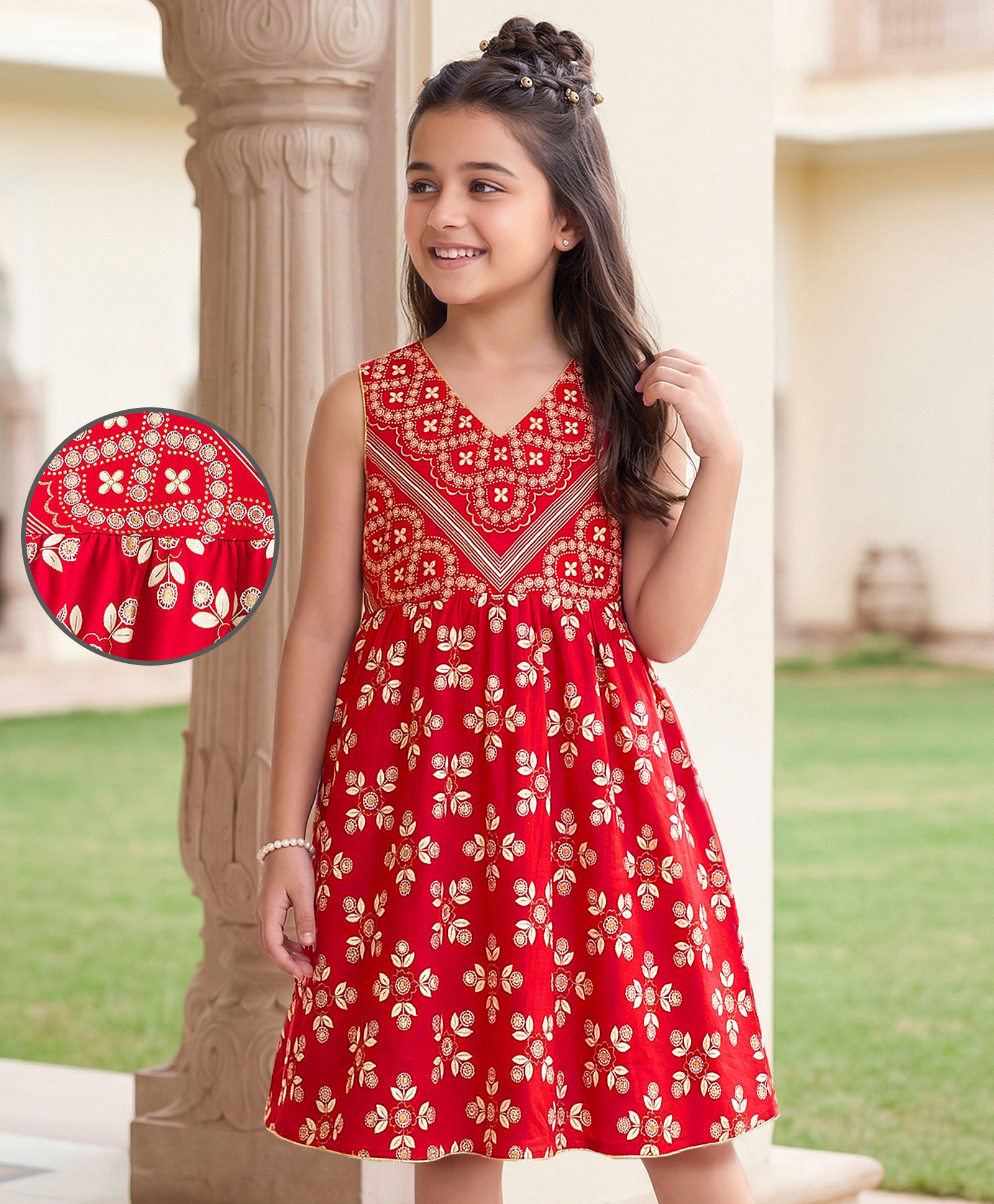 EARTHY TOUCH Single Jersey Knit Sleeveless Ethnic Dress With Floral Print - Red-image-36