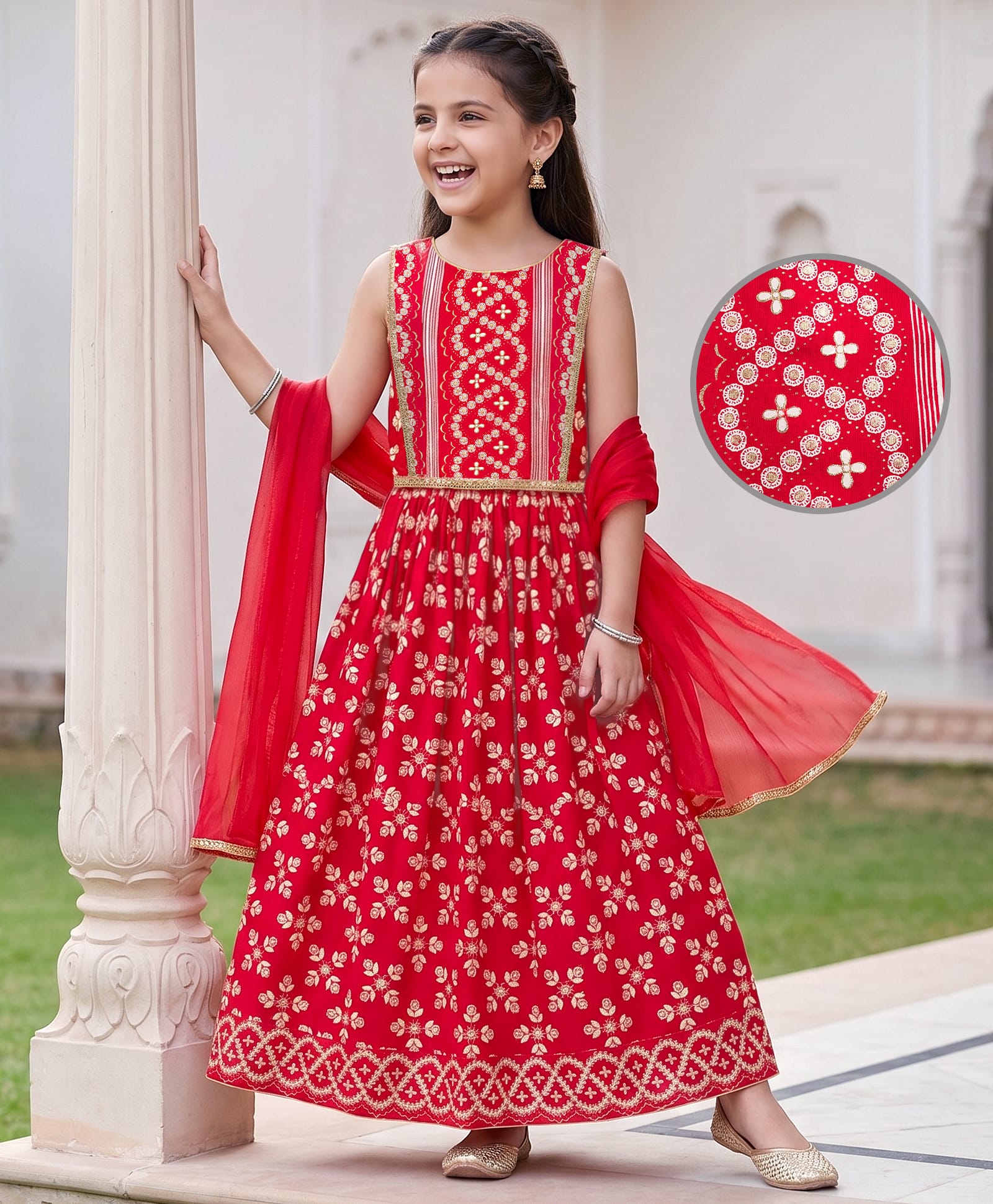EARTHY TOUCH Single Jersey Knit Sleeveless Choli Lehenga Set with Dupatta & Glitter Print - Red-image-17