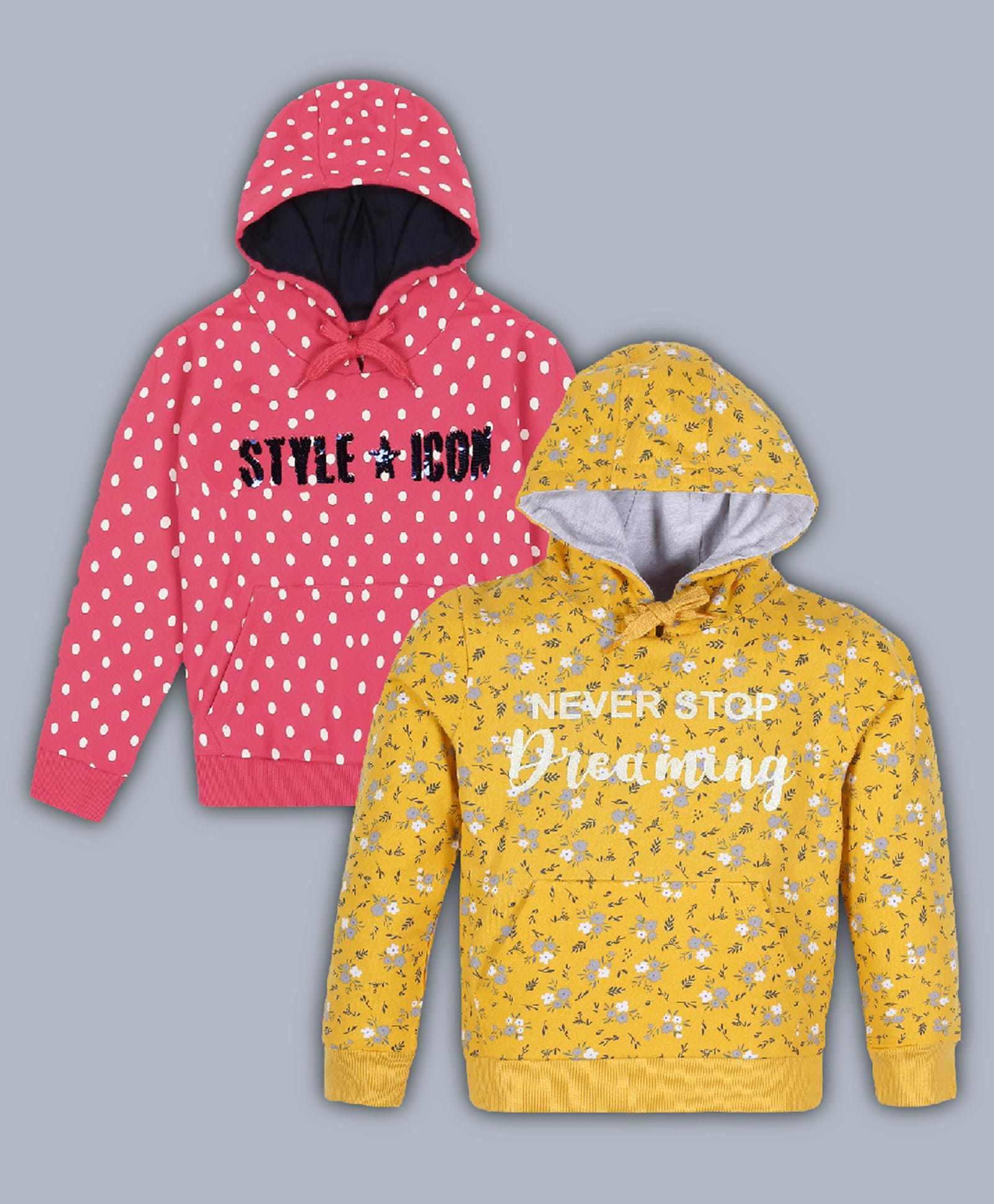 Plum Tree Pack Of 2 100% Cotton Knit Full Sleeves Polka Dot And Floral Printed Light Winter Hooded Sweatshirts - Yellow And Pink-picture-25