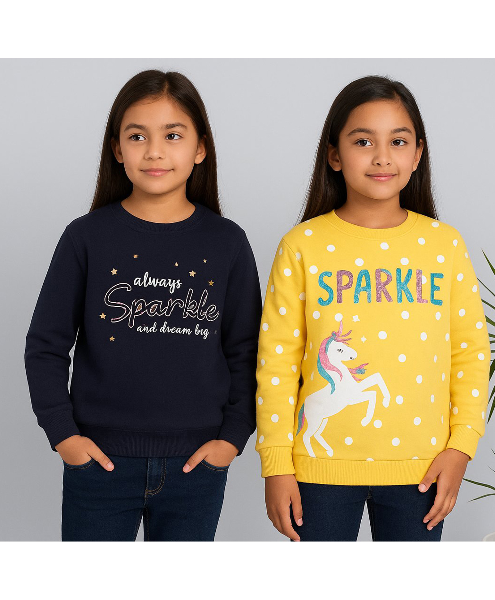 Plum Tree Cotton Knit Pack Of 2 Full Sleeves Unicorn Printed Light Winter Sweatshirt - Yellow & Navy-picture-4