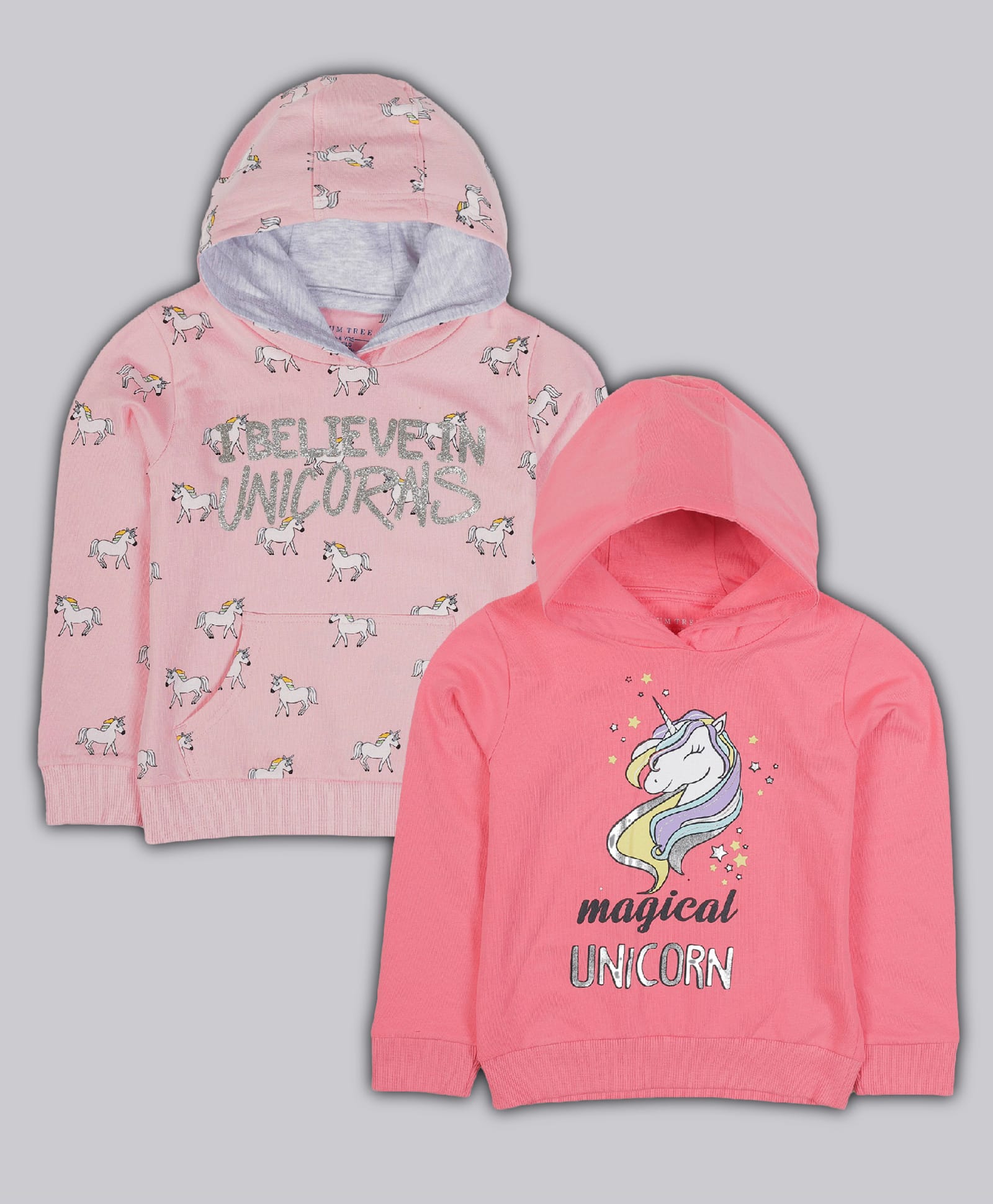 Plum Tree Cotton Knit Pack Of 2 Full Sleeves Unicorn Printed & Glitter Detailed Light Winter Hooded Sweatshirts - Pink-image-42