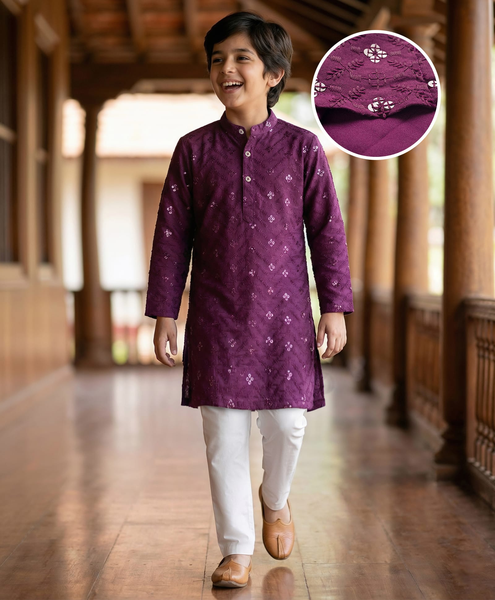 Pine Kids Woven Full Sleeves Kurta Pajama Set with Sequin Detailing - Purple-image-36