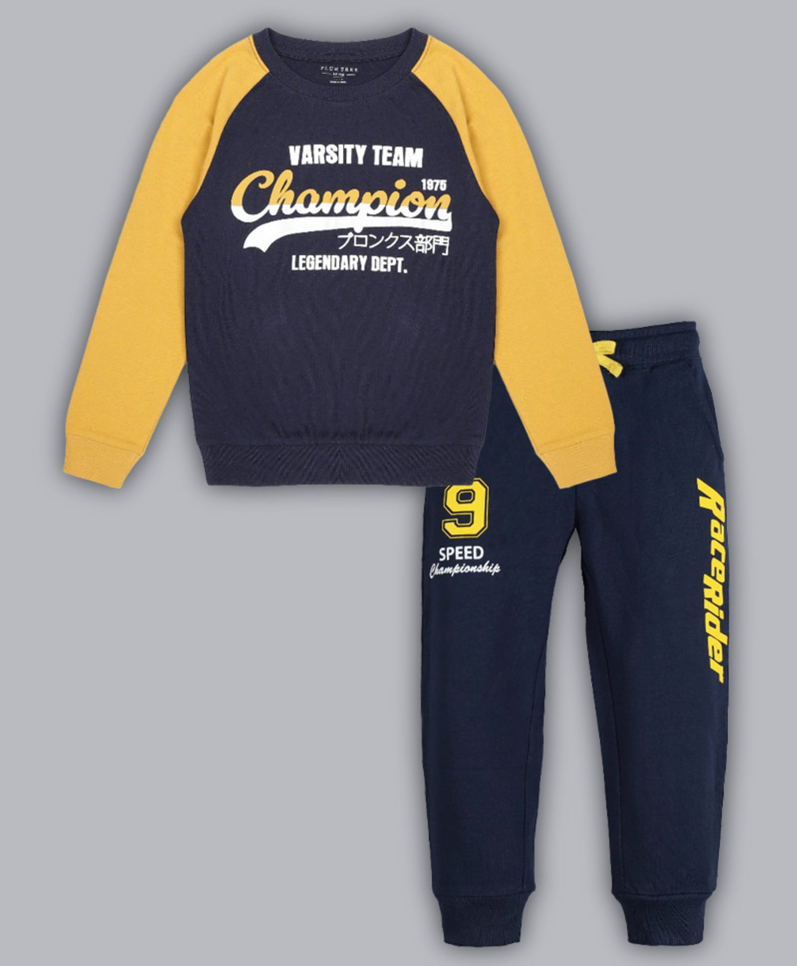 Plum Tree 100% Cotton Knit Full Raglan Sleeves Champion Text Printed Sweatshirt & Joggers Set - Navy Blue-picture-37