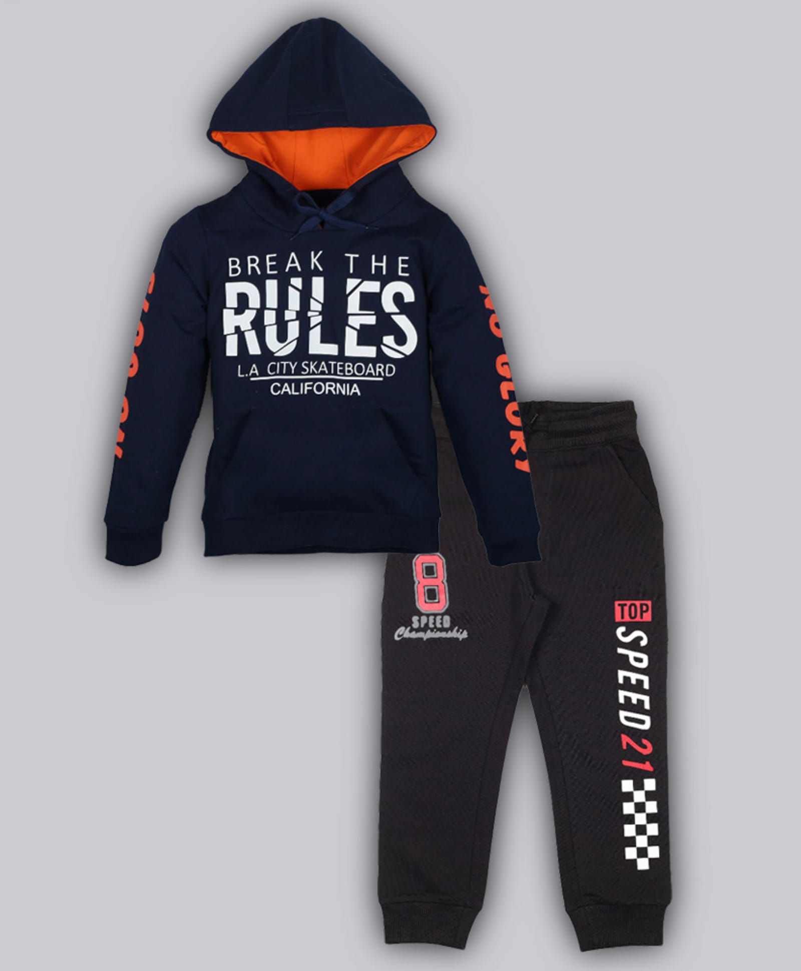 Plum Tree 100% Cotton Knit Full Sleeves Break The Rules Text Printed Winter Hooded Sweatshirt With Joggers Set - Navy Blue & Black-picture-8