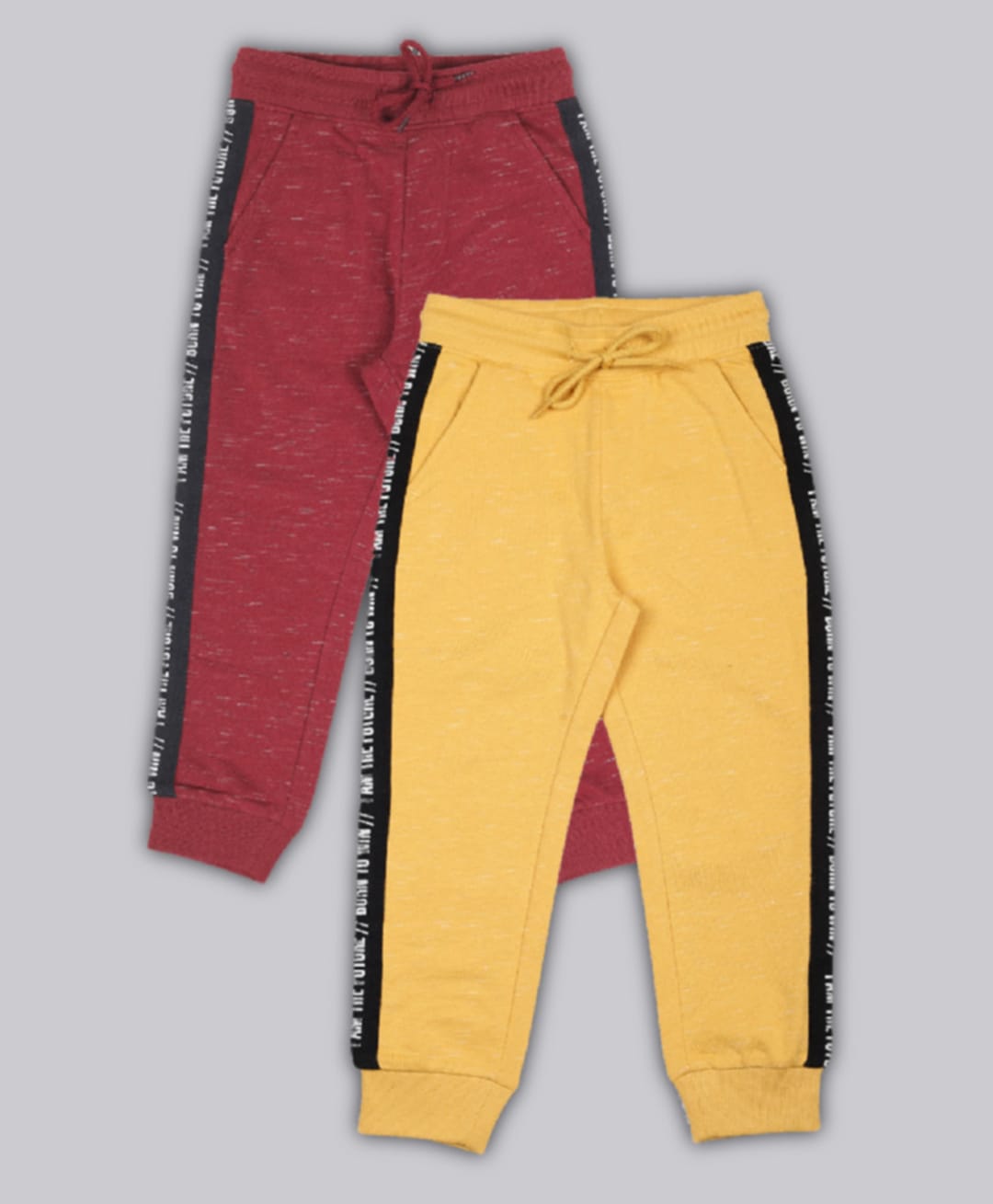 Plum Tree 100% Cotton Knit Pack Of 2 Typography Side Tape Detailed Winter Joggers Set - Yellow & Burgundy-picture-11