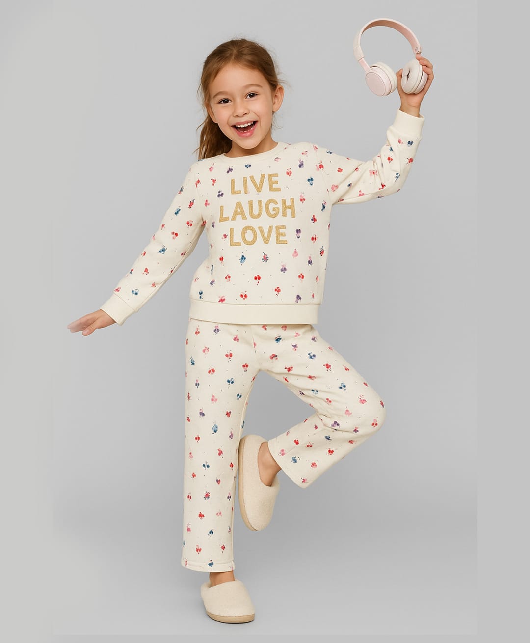 Plum Tree 100% Cotton Knit Full Sleeves Live Laugh Love Text Printed Winter Hooded Sweatshirt With Joggers Set - Off White-picture-32