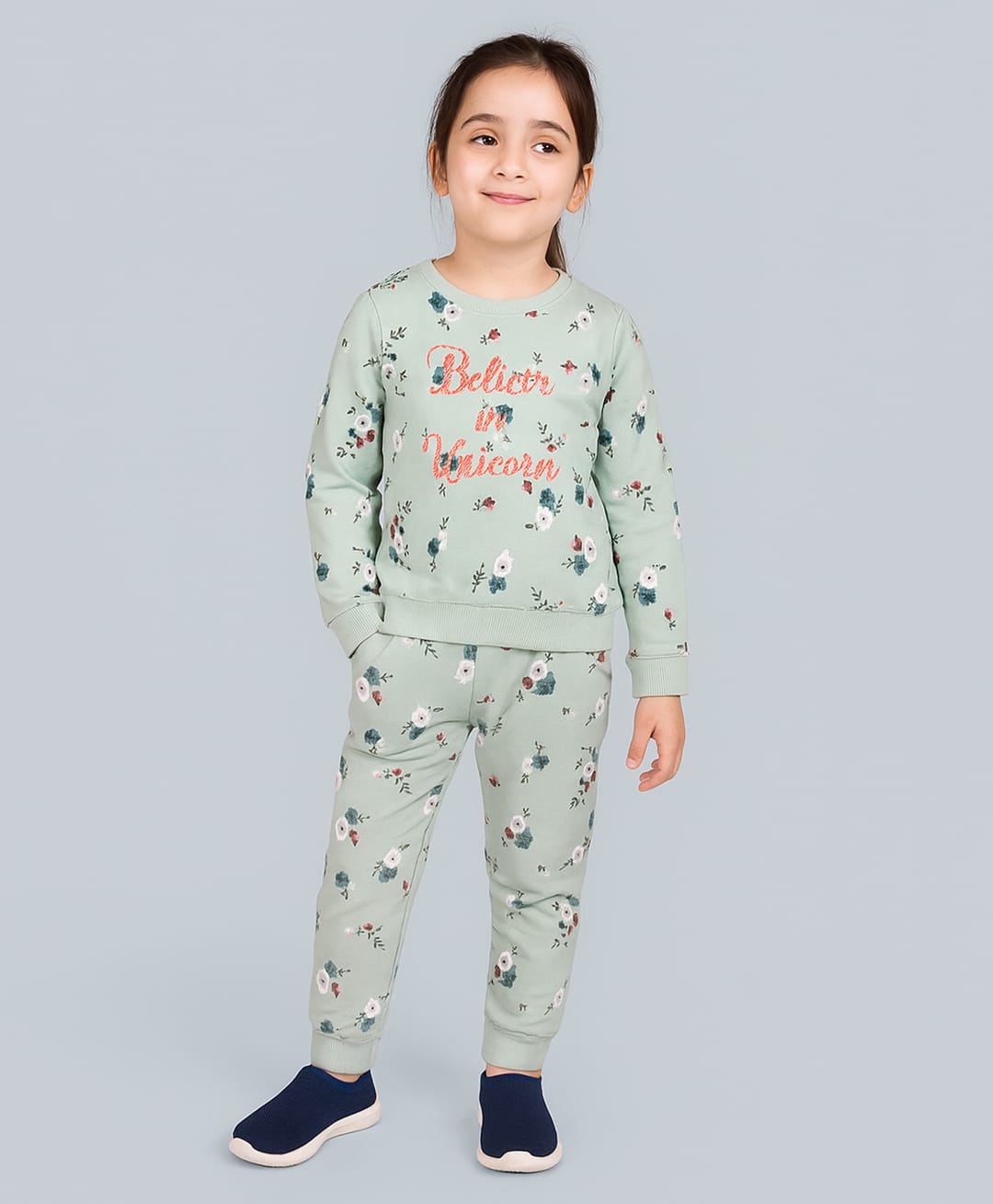 Plum Tree 100% Cotton Knit Full Sleeves Believe In Unicorn Glittered Text Printed Coordinating Winter Sweatshirt With Joggers Set - Green-picture-47