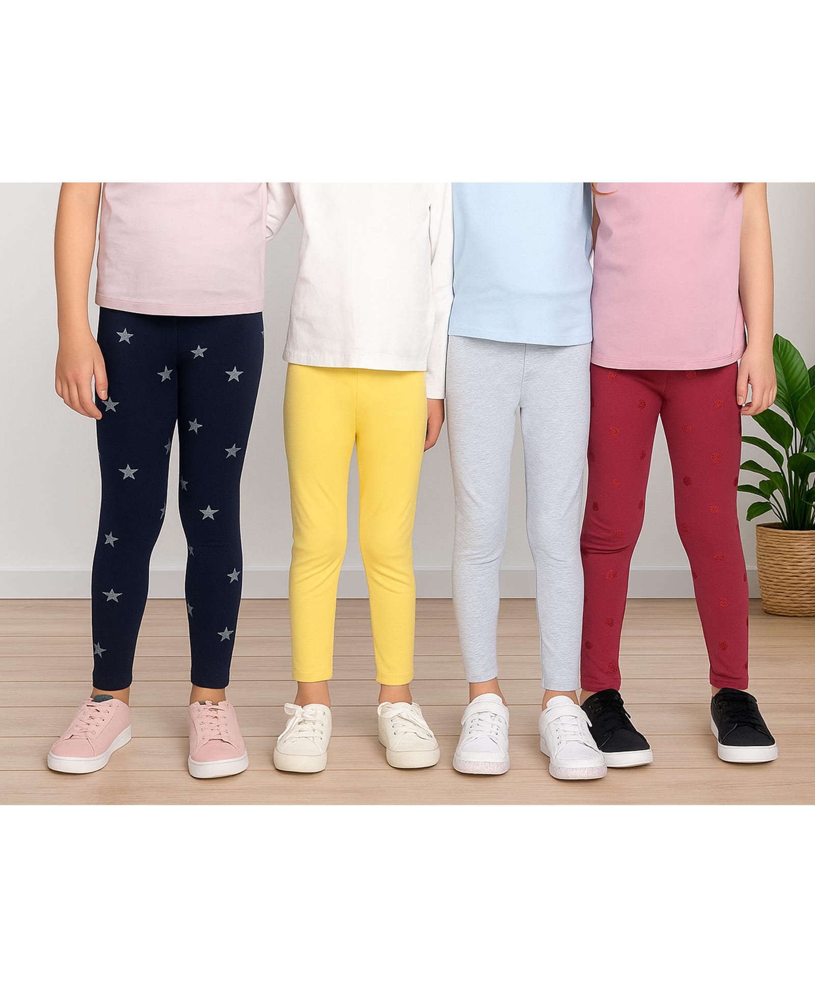 Plum Tree Cotton Knit Pack Of 4 Stars Printed & Solid Leggings - Multi Colour-picture-35