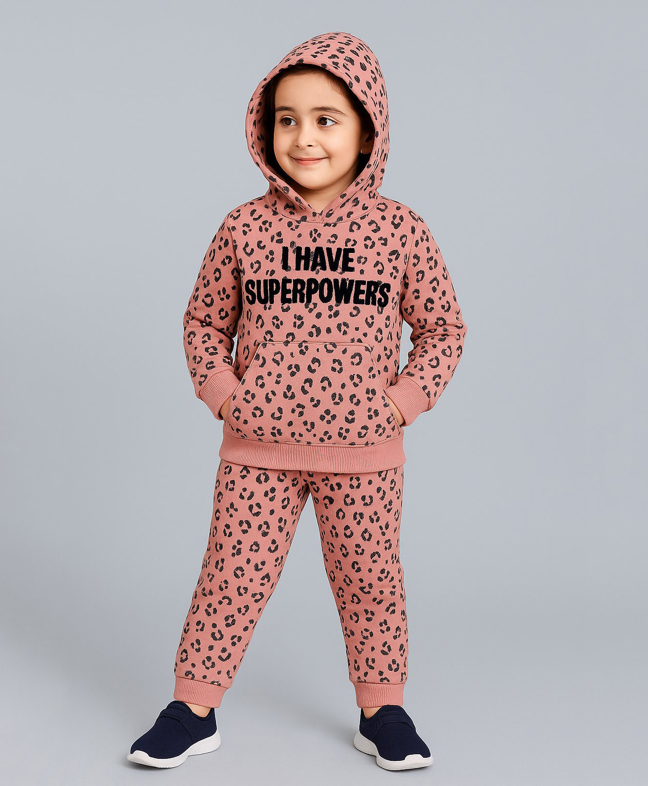 Plum Tree Cotton Knit Full Sleeves Leopard Pattern Printed Coordinating Light Winter Hooded Sweatshirt & Joggers Set - Pink-picture-30