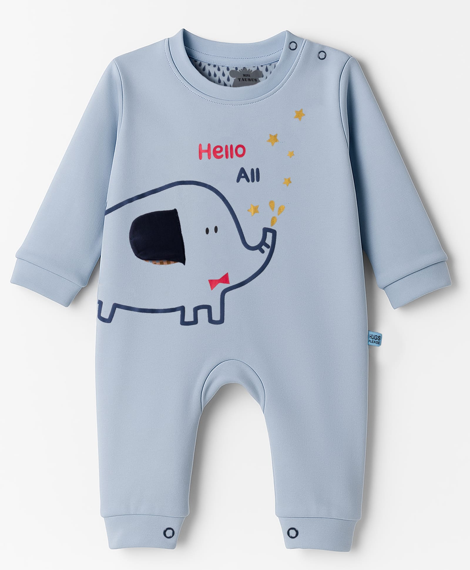 Mini Taurus Knit Full Sleeves Romper With Elephant Print & Applique - Light Blue-image-44