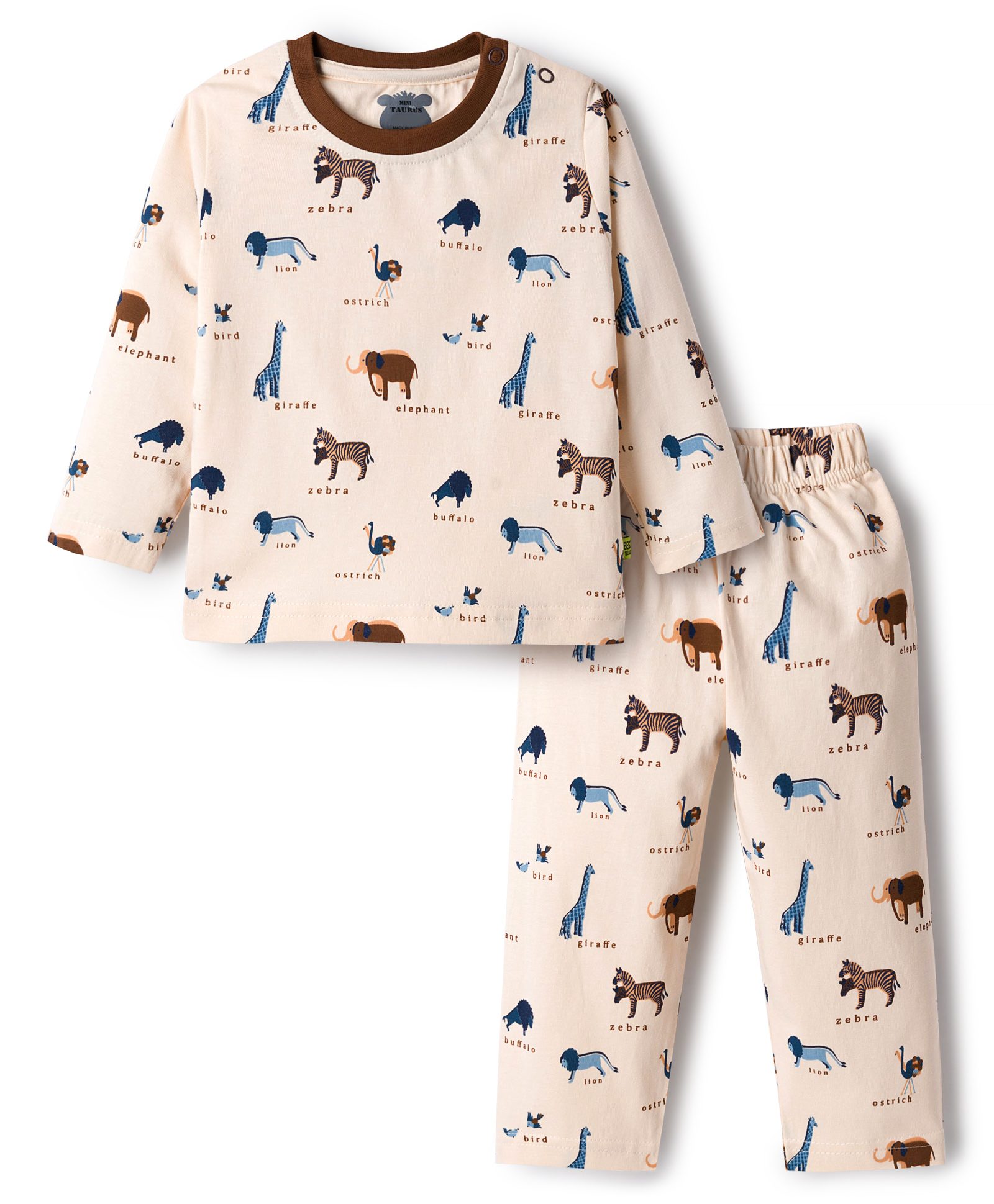 Mini Taurus Sinker Knit Full Sleeves T-Shirt & Lounge Pant Co-ord Set With Animal Print - Cream-image-47