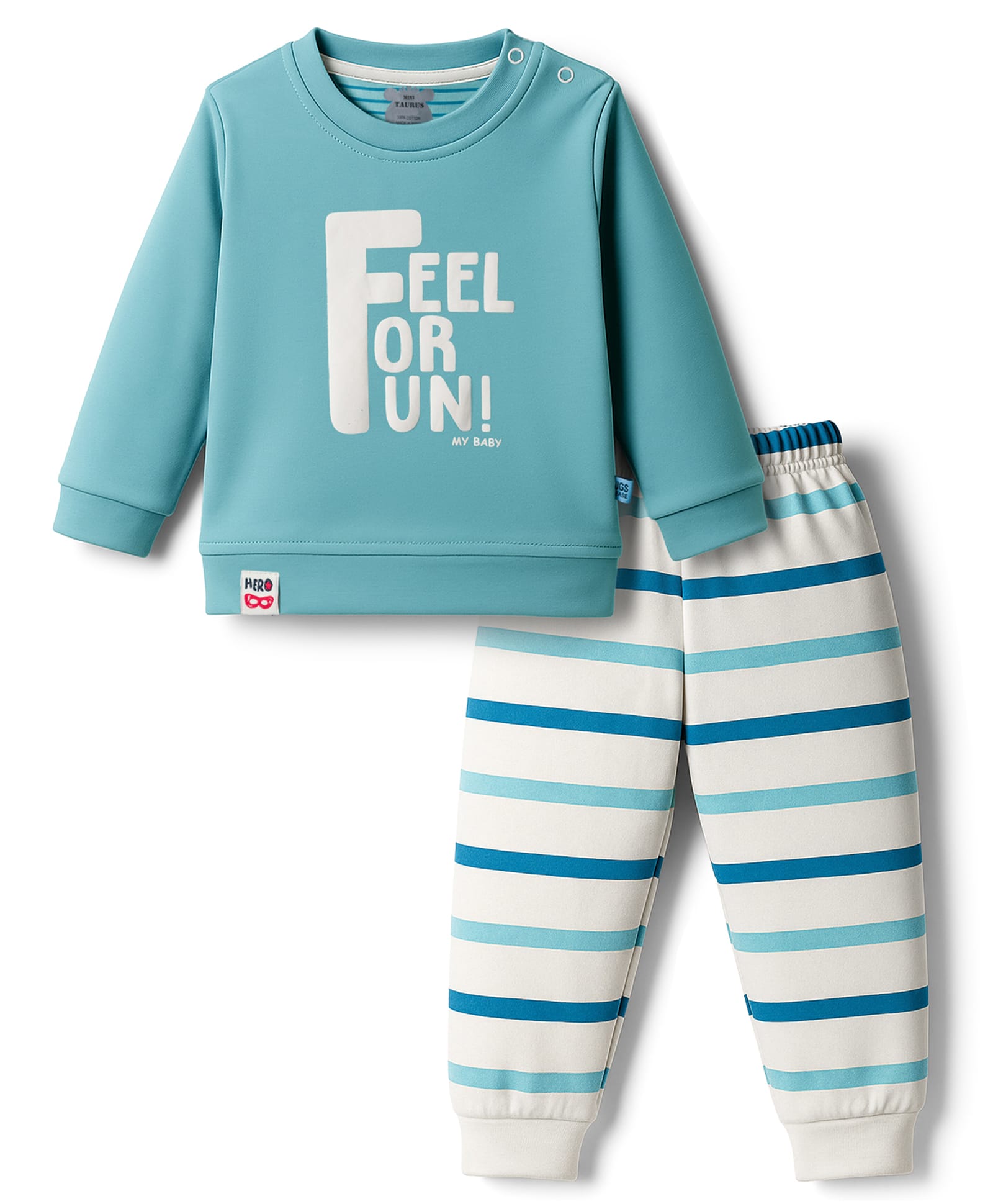 Mini Taurus Interlock Knit Full Sleeves T-Shirt & Lounge Pant Set with Text Print & Stripes - Sea Green-image-38
