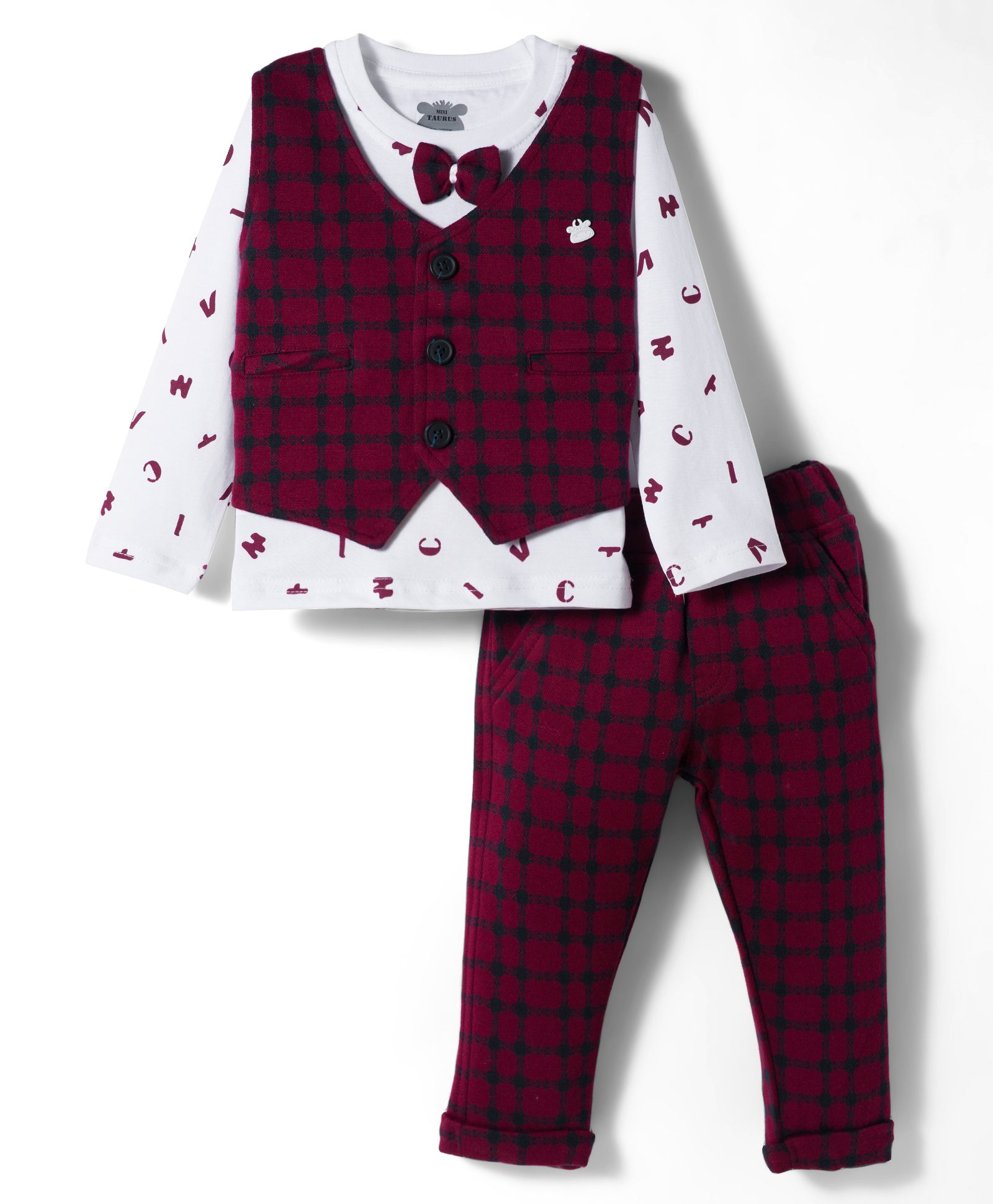 Mini Taurus Sinker Knit Full Sleeves Printed T-Shirt & Pant Set with Waistcoat & Bow Applique - Maroon-picture-26