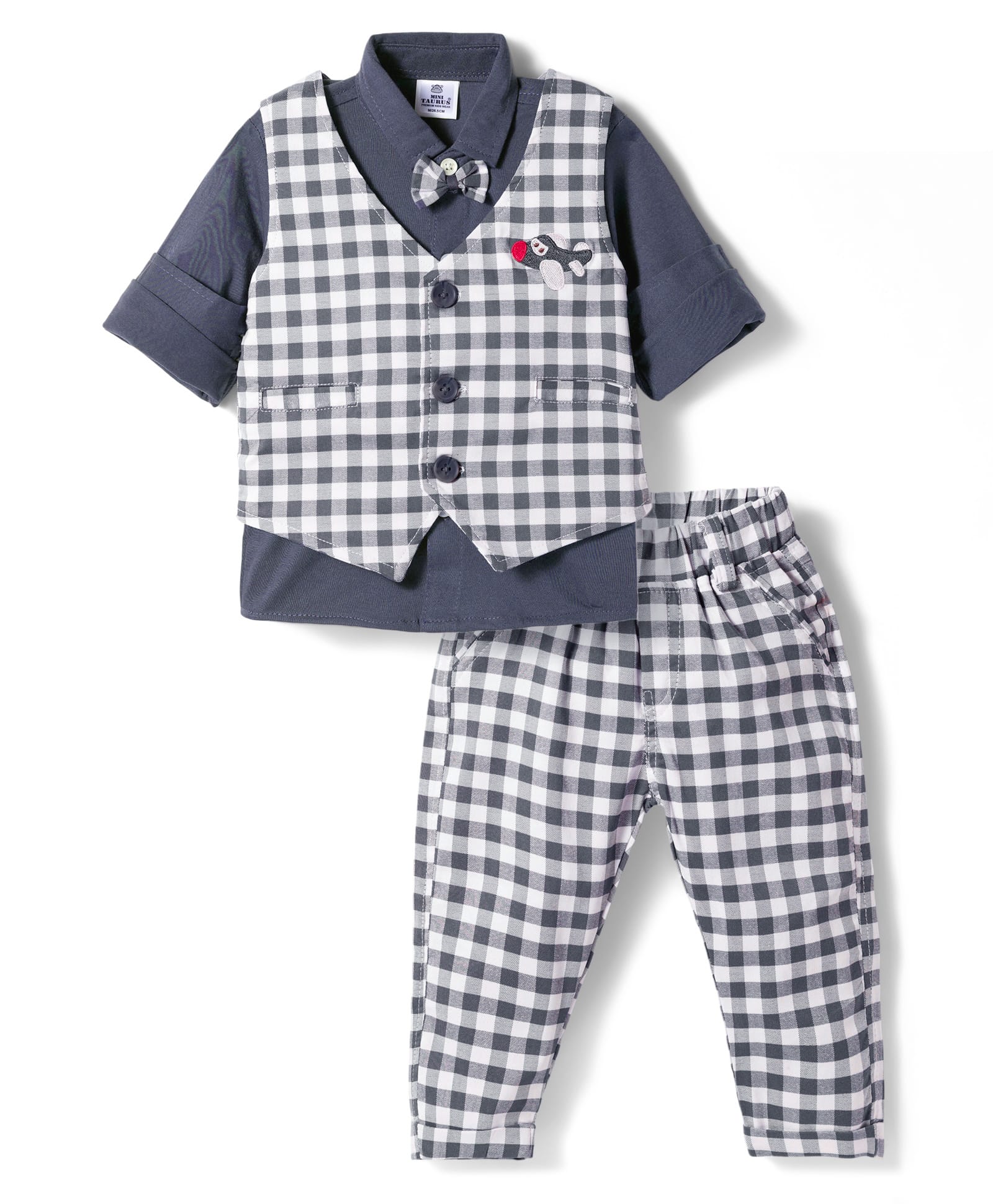 Mini Taurus Sinker Knit Full Sleeves Checkered 3 Piece Party Suit with Bow Applique - Grey-image-28