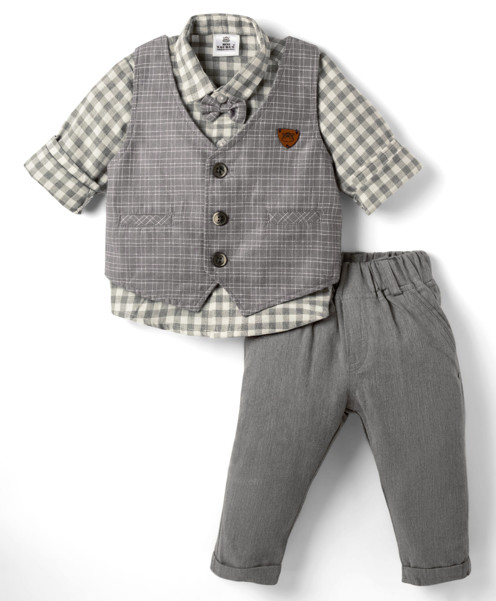 Mini Taurus Sinker Knit Full Sleeves 3 Piece Party Suit with Checks & Bow Applique - Grey-image-47
