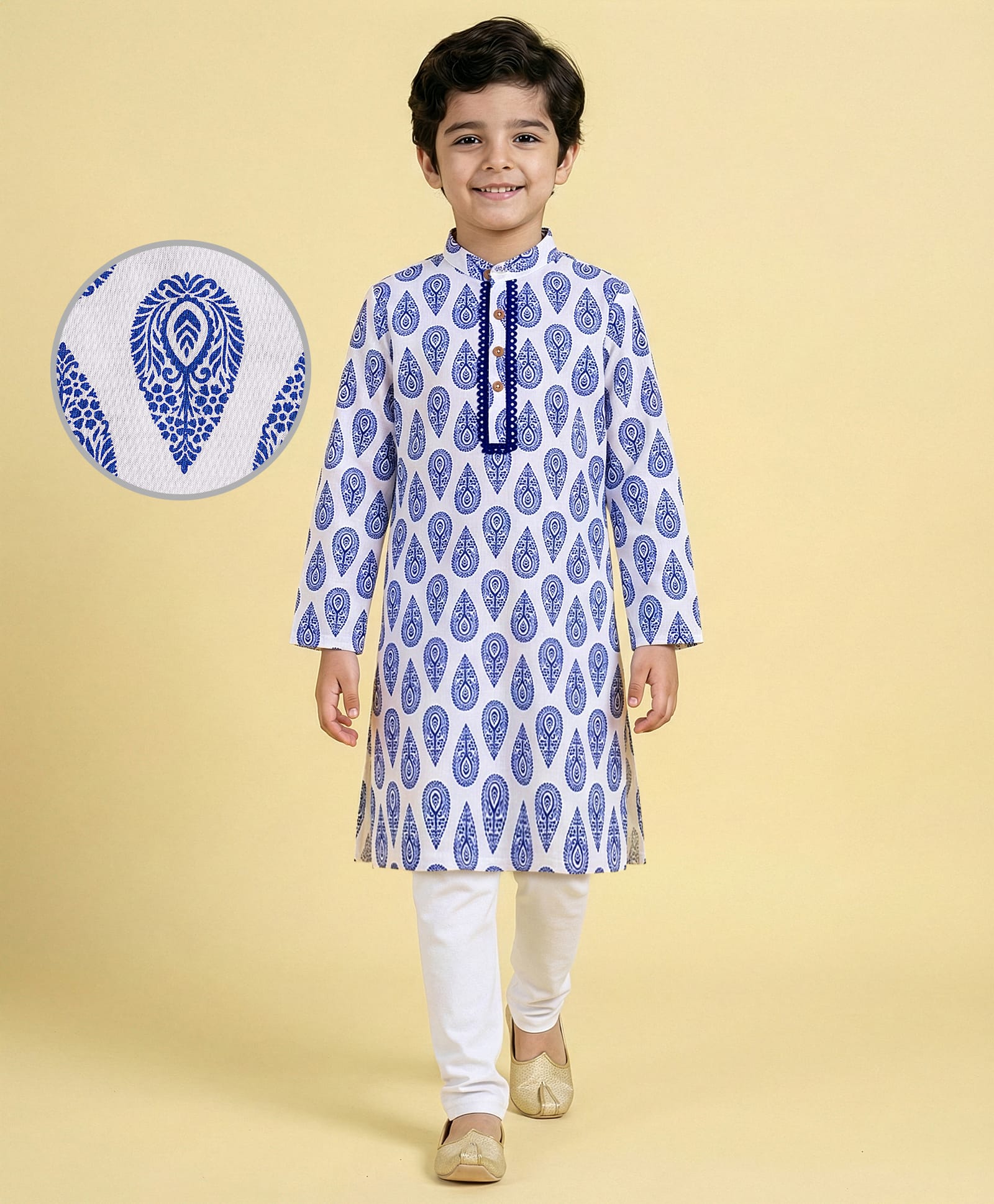 EARTHY TOUCH Single Jersey Knit Kurta Pyjama Set with Motif Print - White-image-41