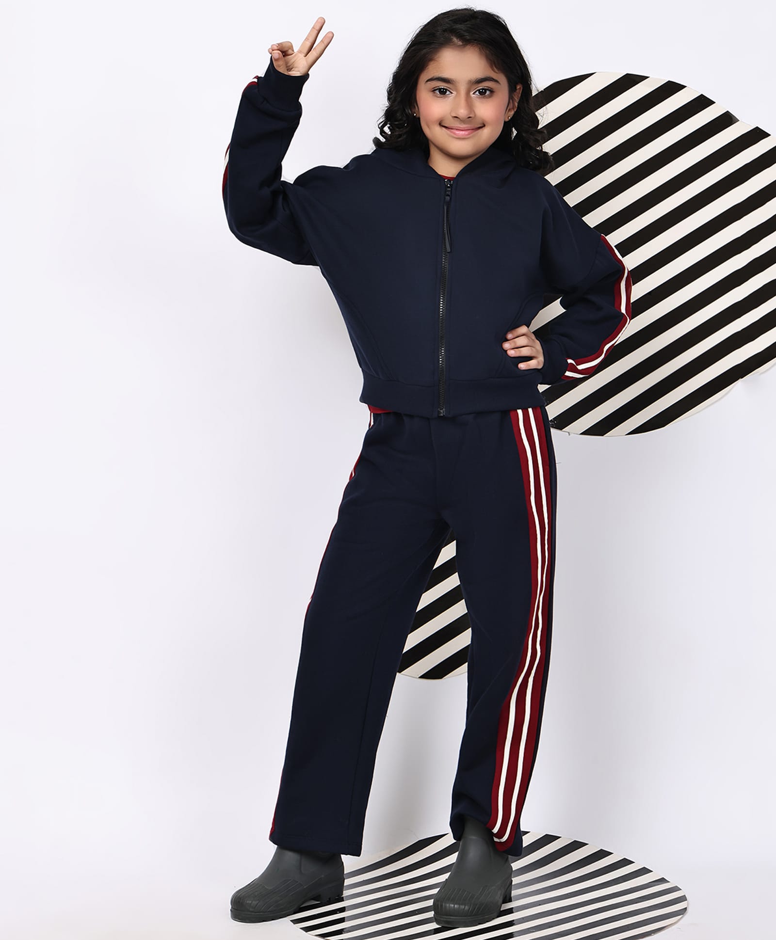 BaawRi Fleece Knit Full Sleeves Tape Detailed Light Winter Hooded Jacket & Pant Set - Navy Blue-picture-24