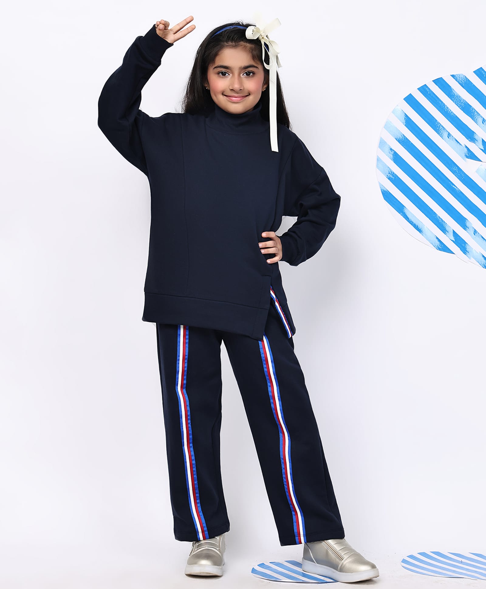 BaawRi Fleece Knit Full Sleeves Solid Top & Trousers Set - Navy Blue-picture-0