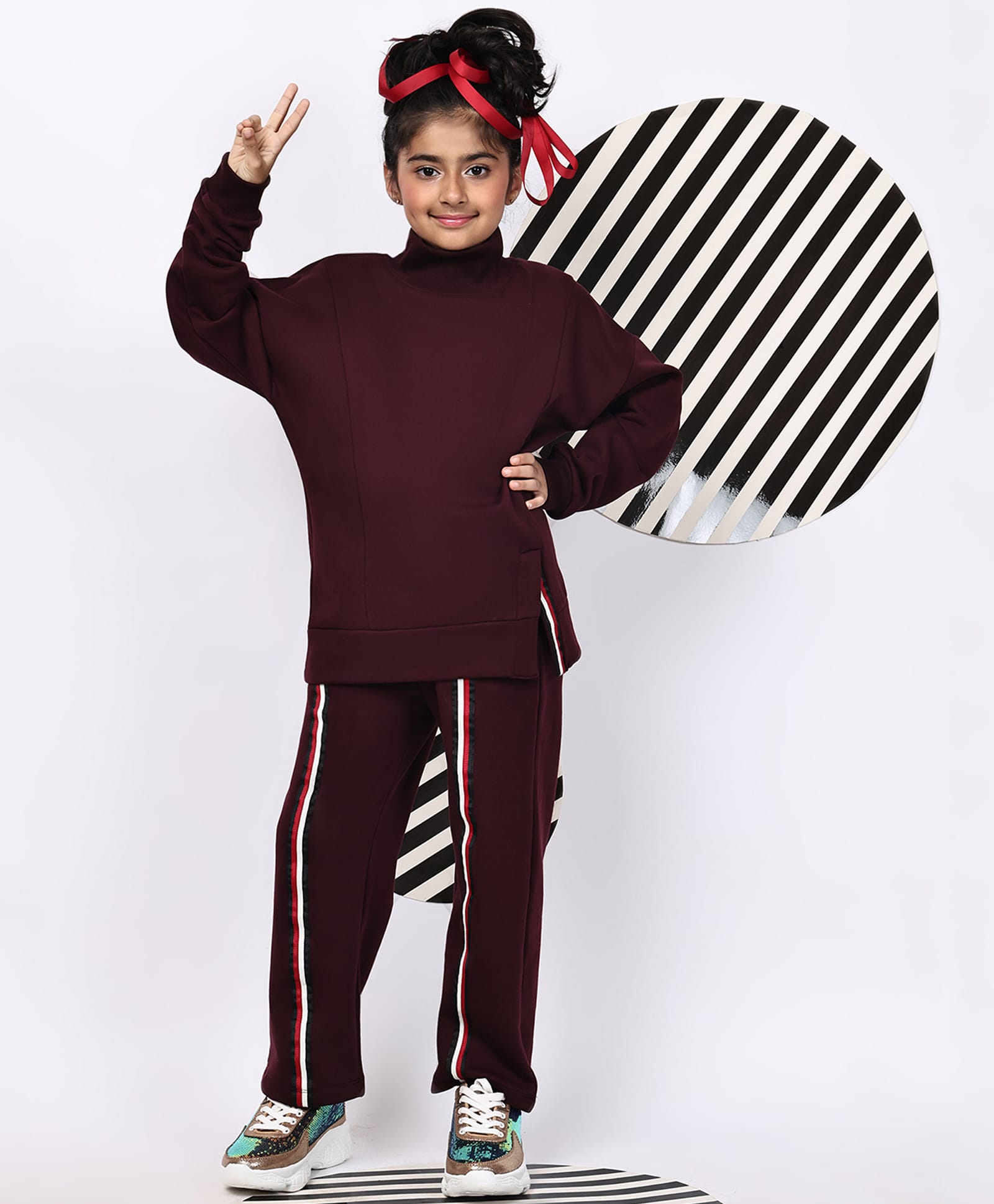 BaawRi Fleece Knit Full Sleeves Solid Top & Trousers Set - Wine-picture-21
