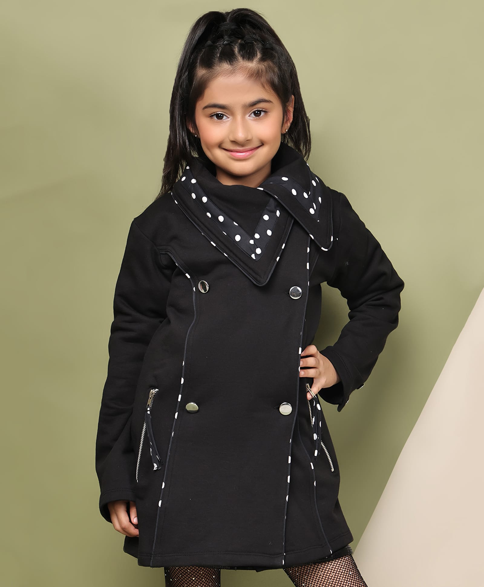 BaawRi Fleece Knit Full Sleeves Polka Dots Printed Light Winter Jacket - Black-image-41