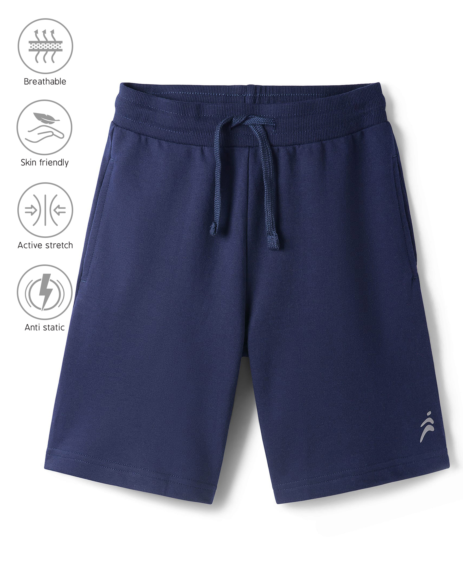 Pine Active Cotton Knit Bio Wash Knee Length Solid Color Shorts - Navy Blue