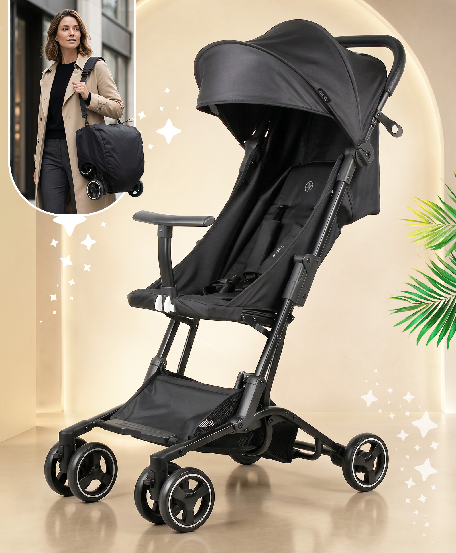 Bonfino Runway Nano Lightweight Compact Stroller - Black| Ultra-Compact Fold| 3 Level Reclining Backrest| Safety Harness| Carry Strap| UV Protection Canopy| Cabin-Friendly Design| Linen Fabric-picture-27