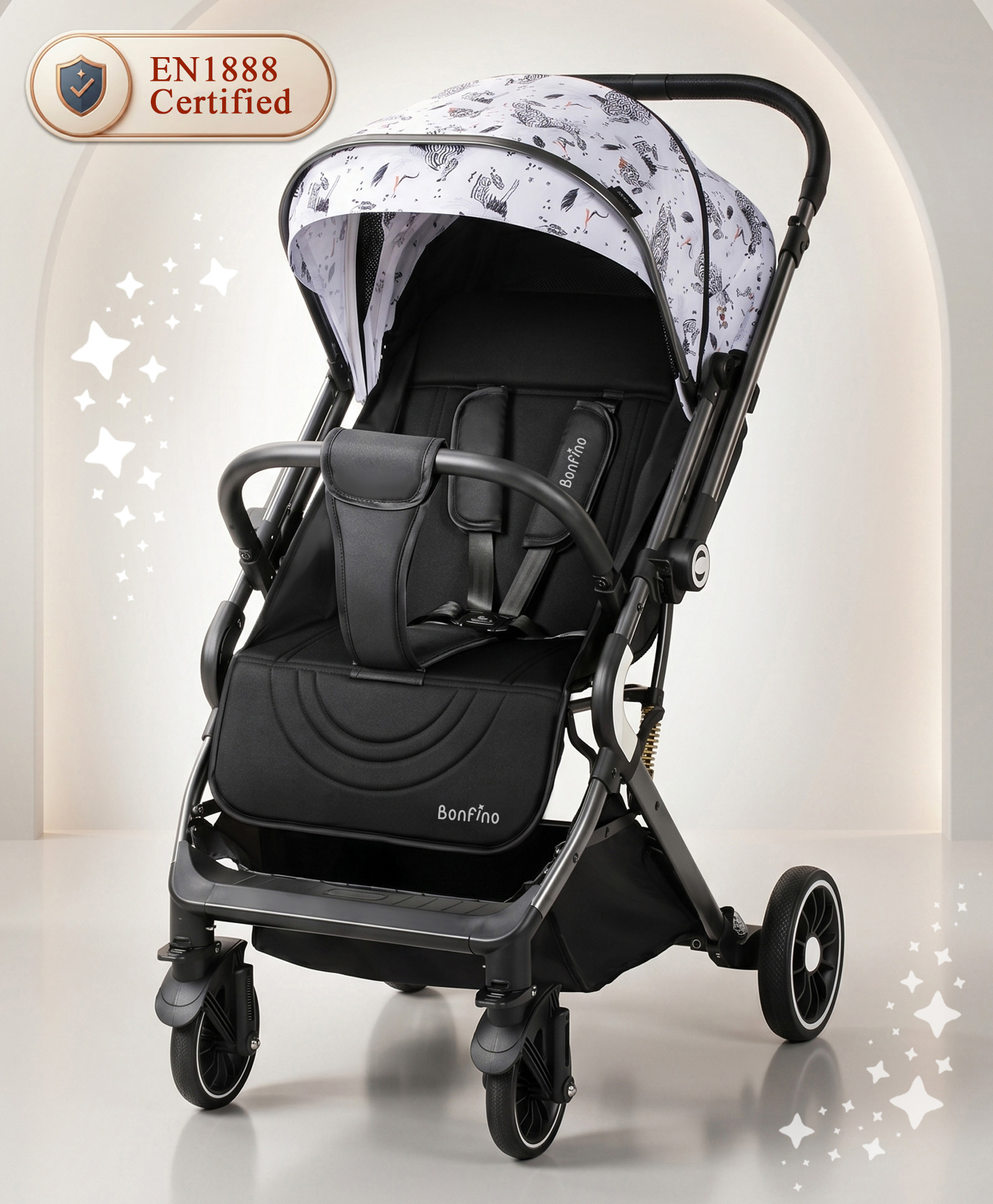 Bonfino Triton Ace Landscape Stroller with Reversible Handle - White| Safety Harness| Suspension Wheels| Swivel Lock| Linked Brake| Reclining Seat| Adjustable Leg Rest| Foldable Canopy-picture-11
