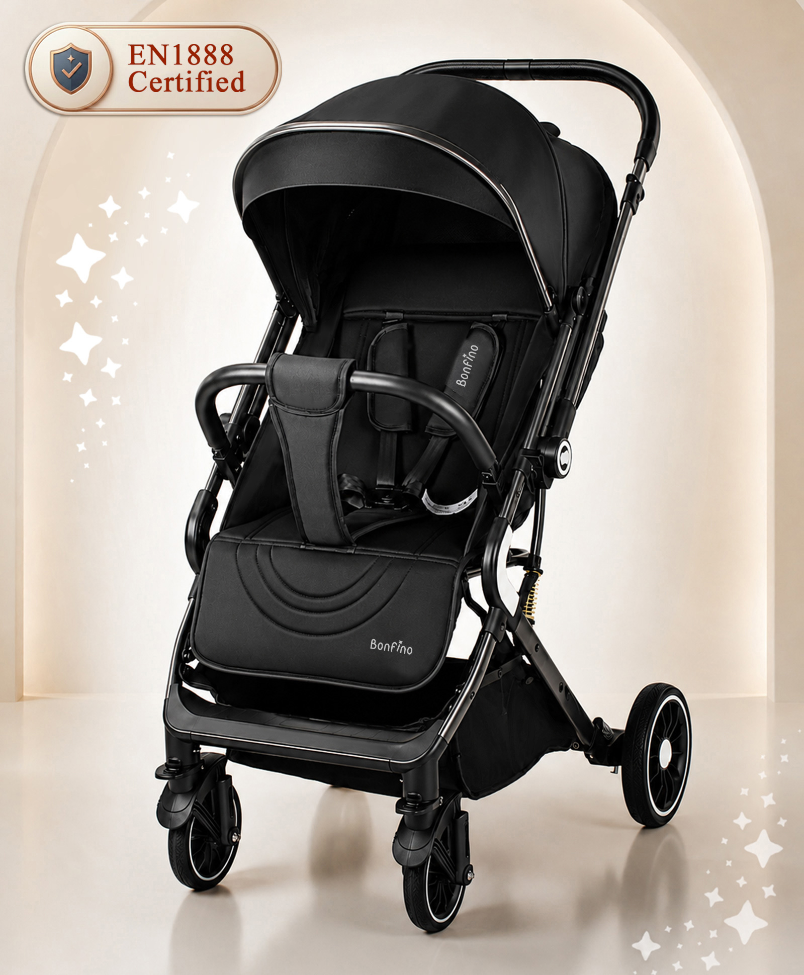 Bonfino Triton Ace Landscape Stroller with Reversible Handle - Black| Safety Harness| Suspension Wheels| Swivel Lock| Linked Brake| Reclining Seat| Adjustable Leg Rest| Foldable Canopy-picture-16