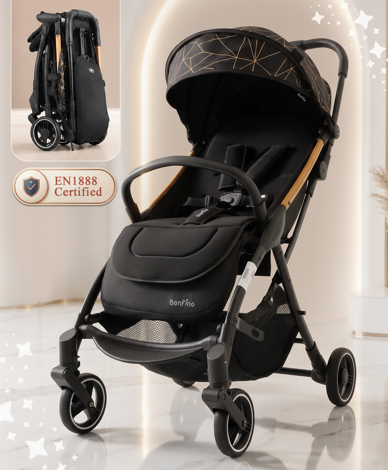 Bonfino MagicFold Lightweight Stroller - Black| One Press AutoFold| Cabin-Friendly Design| Multi Recline| Safety Harness| EN1888 Certified| Suspension Wheels| Aluminum Frame| Concealed Link Brake-picture-23