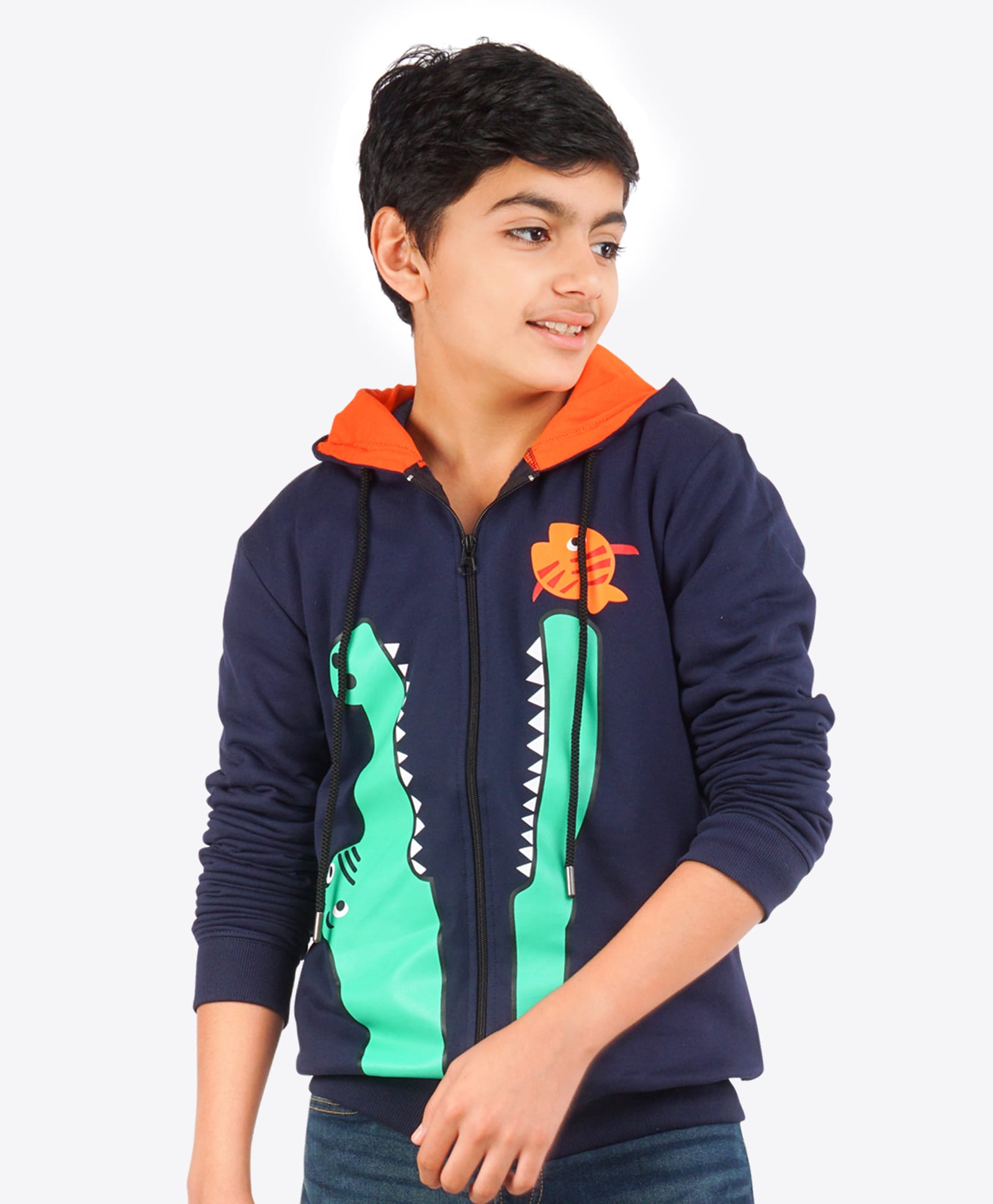 Ariel Cotton Knit Full Sleeves Crocodile Printed Light Winter Hoodie - Navy Blue-picture-11