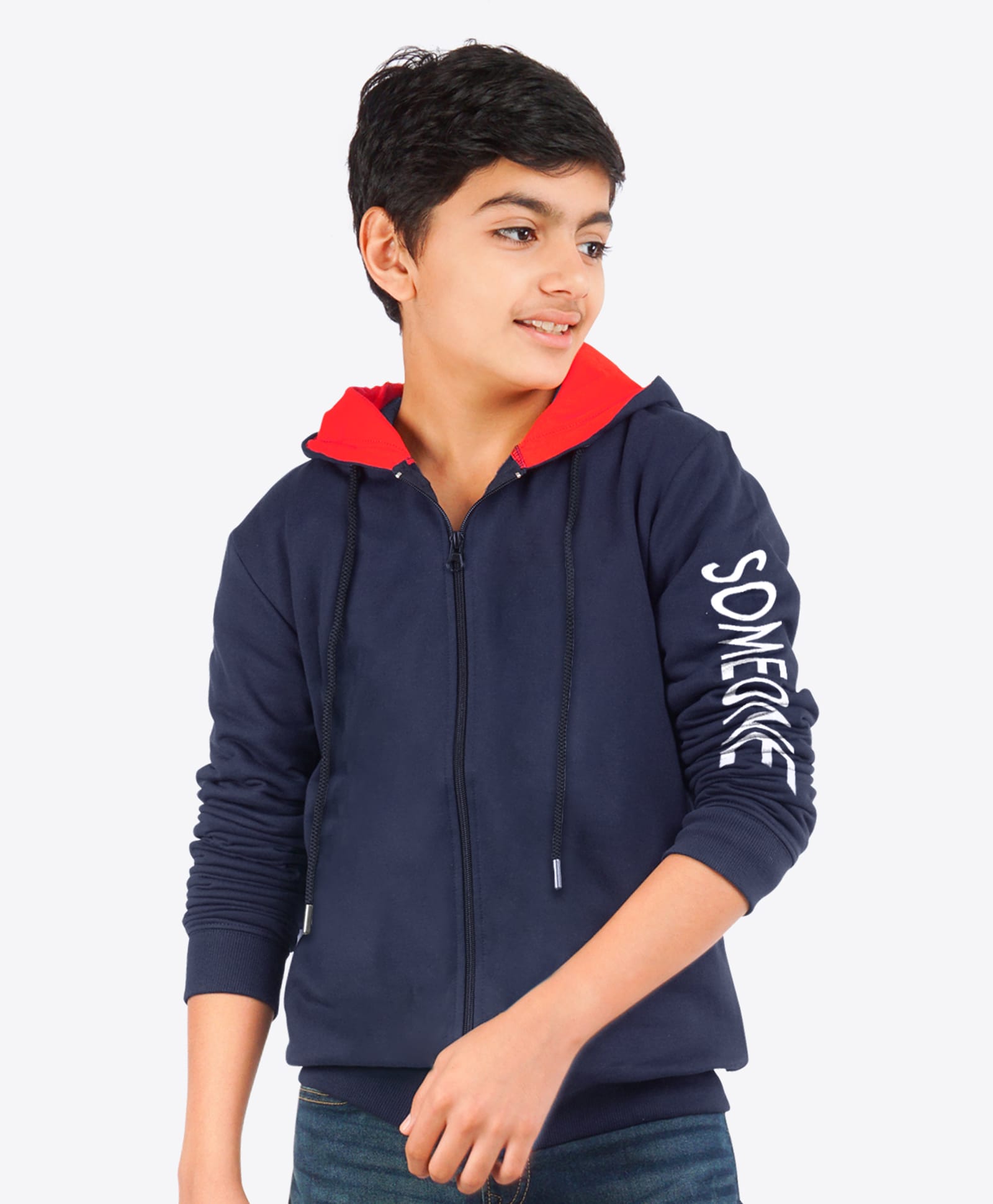 Ariel Cotton Knit Full Sleeves Someone Text Printed Light Winter Hoodie - Navy Blue-image-28