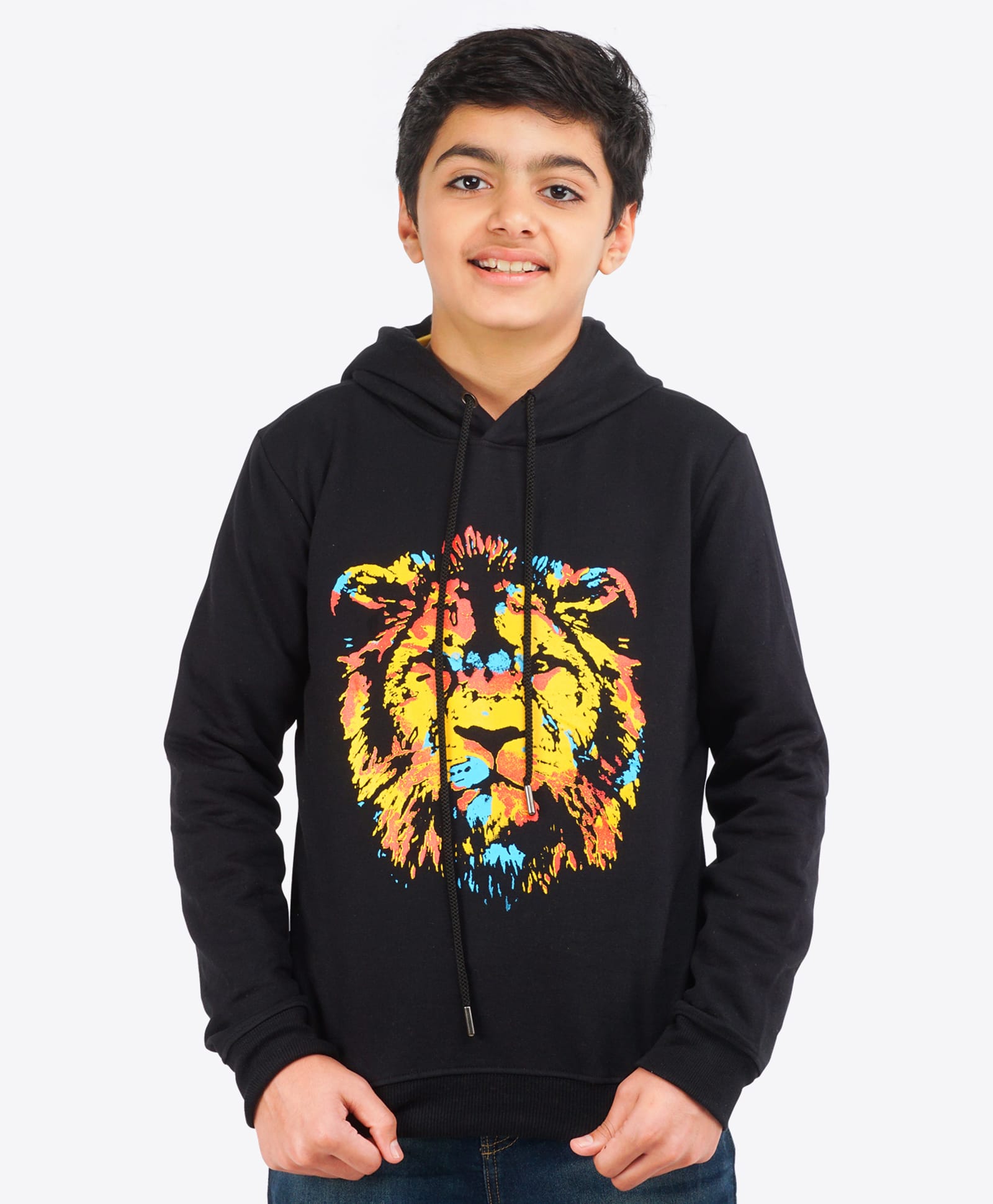 Ariel Cotton Knit Full Sleeves Lion Printed Light Winter Hoodie - Black-image-42