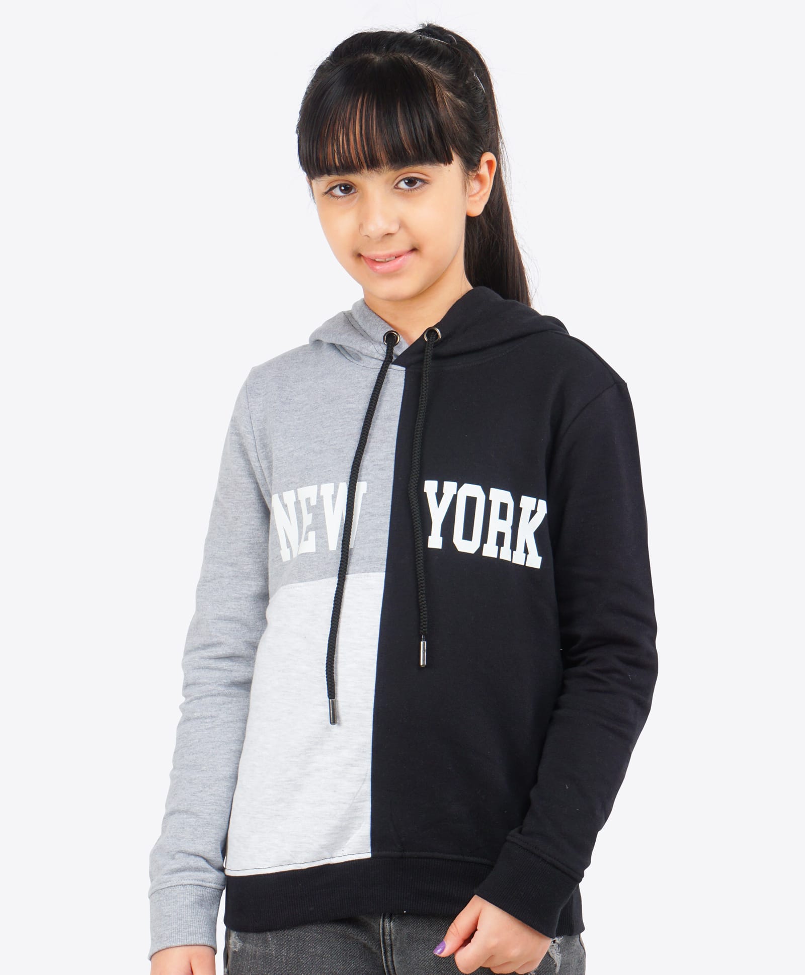 Ariel Cotton Knit Full Sleeves New York Text Printed Light Winter Hoodie - Grey & Black-image-41