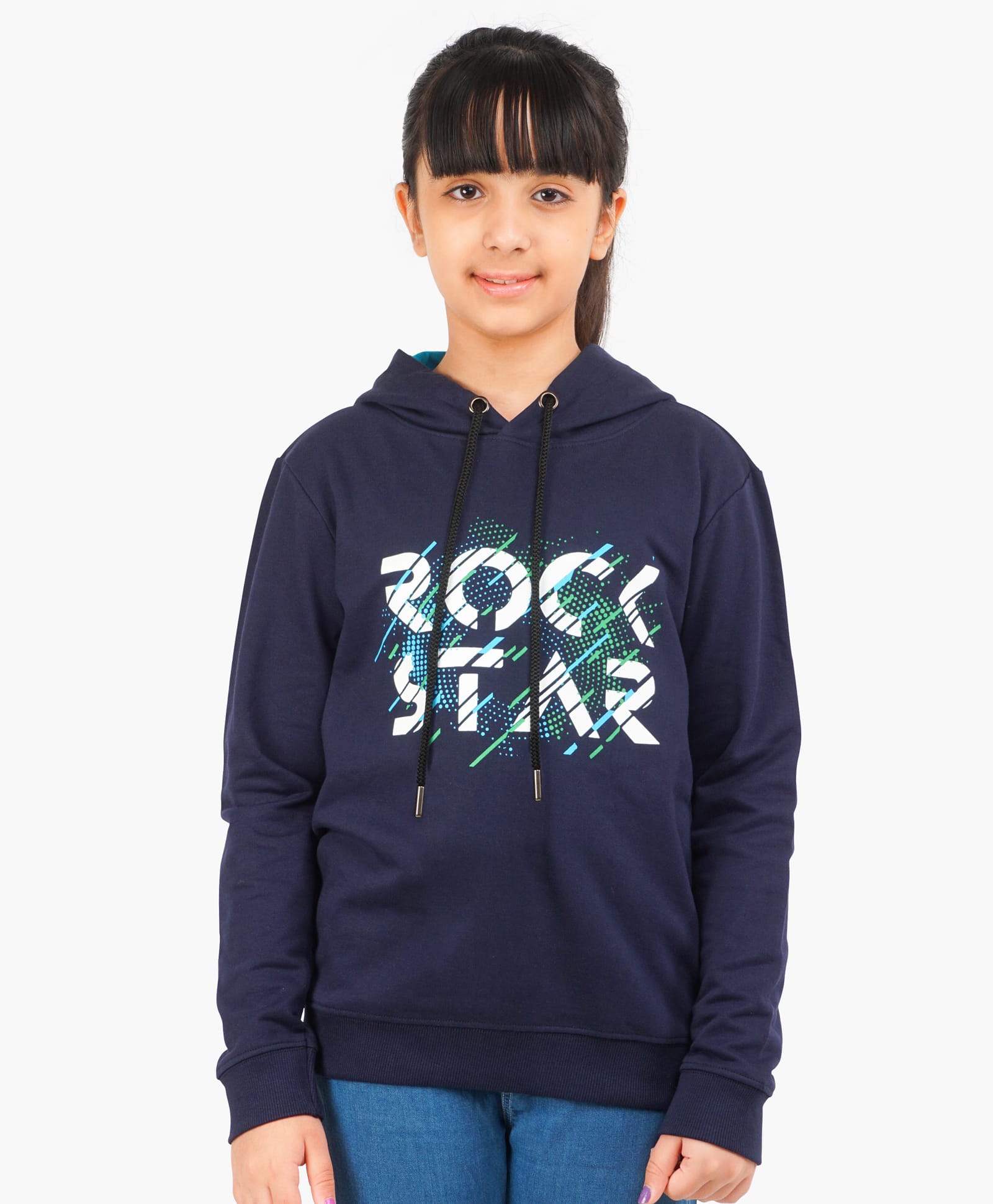 Ariel Cotton Knit Full Sleeves Rockstar Text Printed Hooded Sweatshirt - Navy Blue-image-25