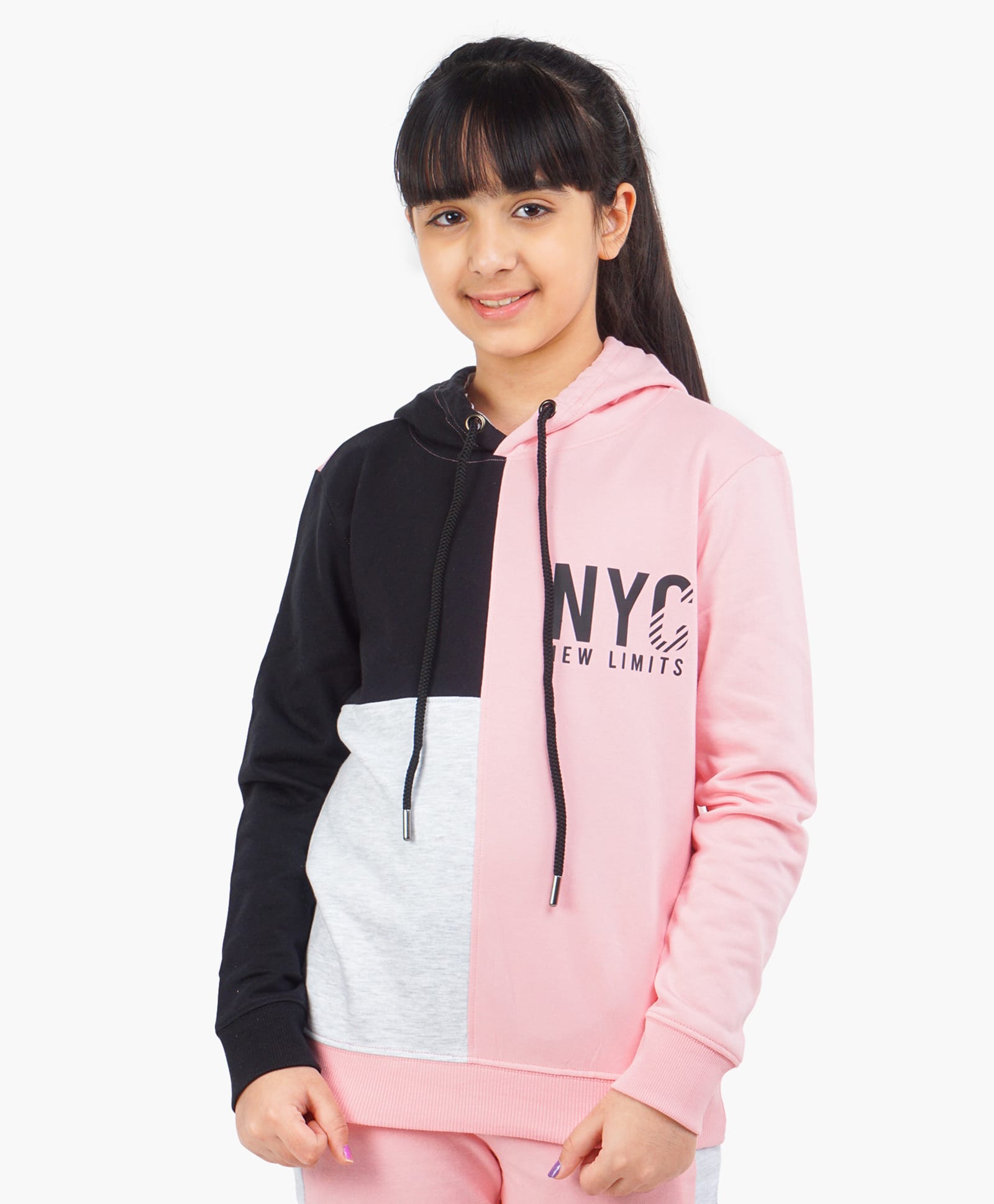 Ariel Cotton Knit Full Sleeves Nyc Text Printed Hooded Sweatshirt - Pink & Black-image-48