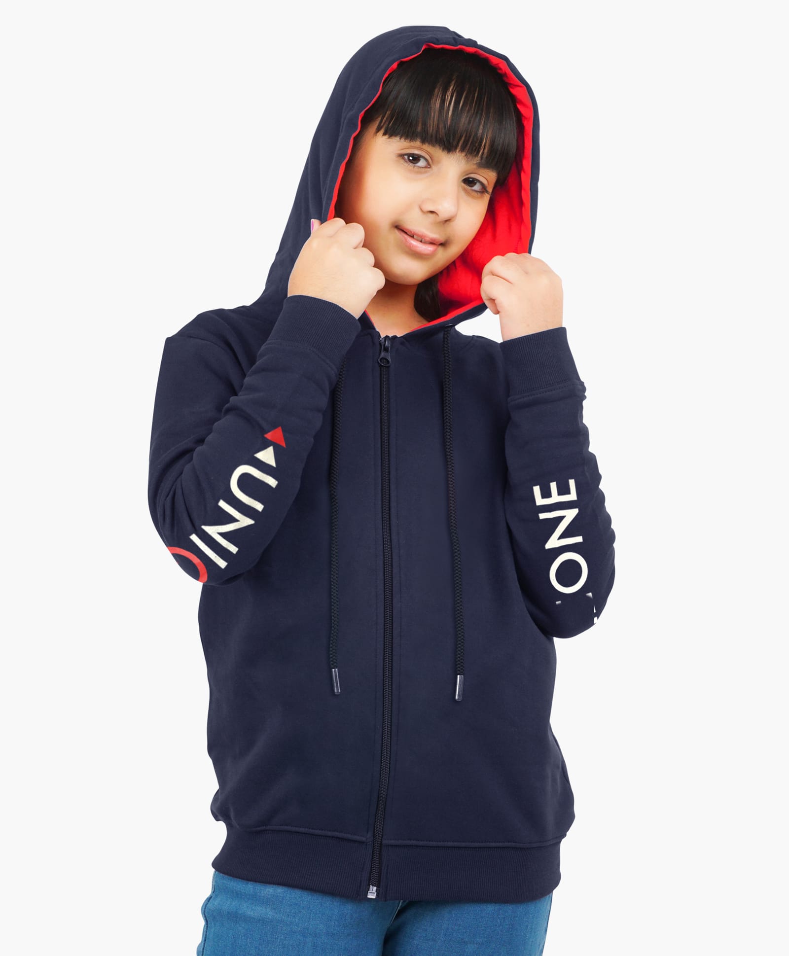 Ariel Cotton Knit Full Sleeves Someone Unique Text Printed On Sleeves Hooded Jacket - Navy Blue-image-49