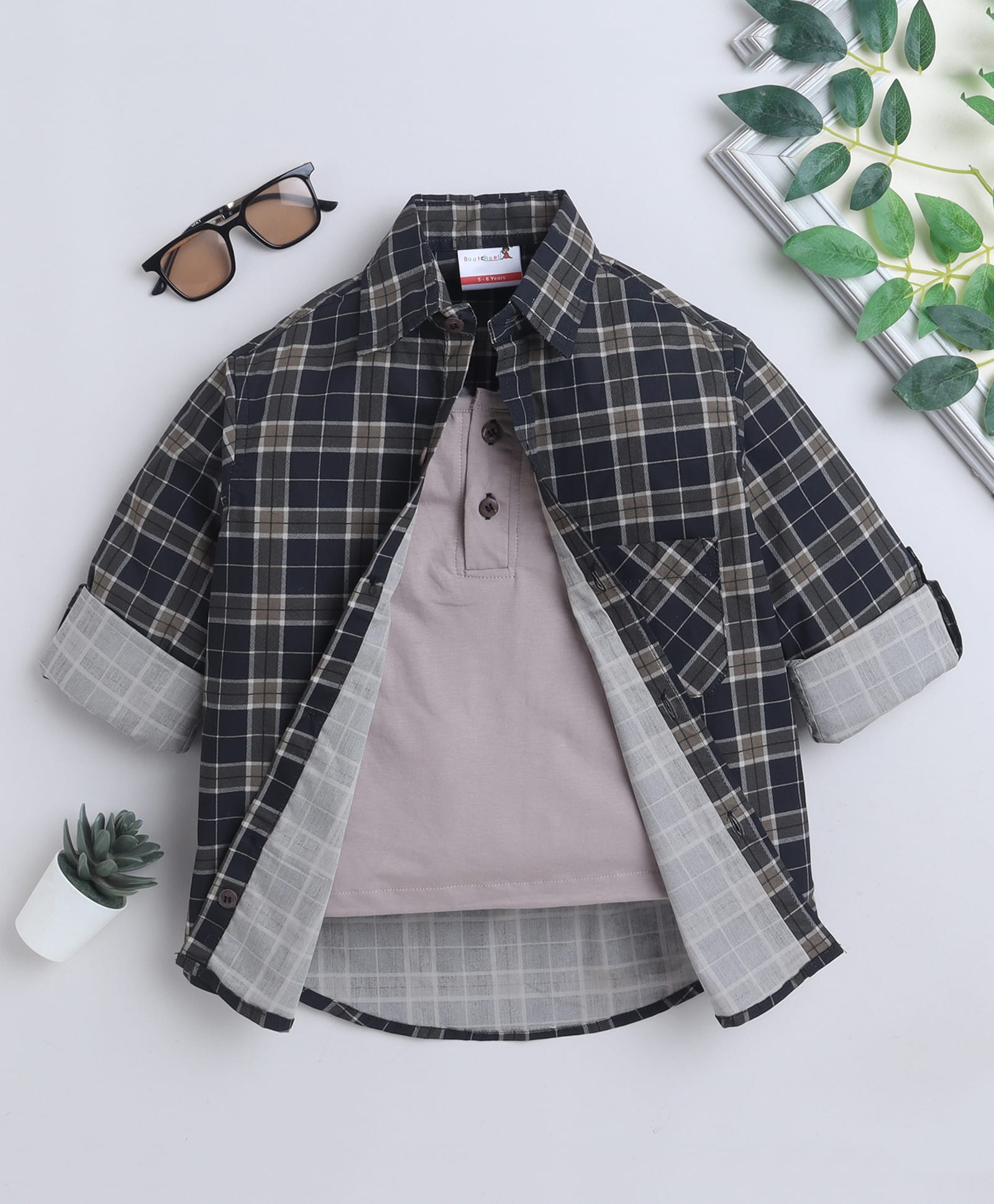 BAATCHEET Cotton Woven Full Sleeves Checked Shirt With Attached Tee - Green-picture-17