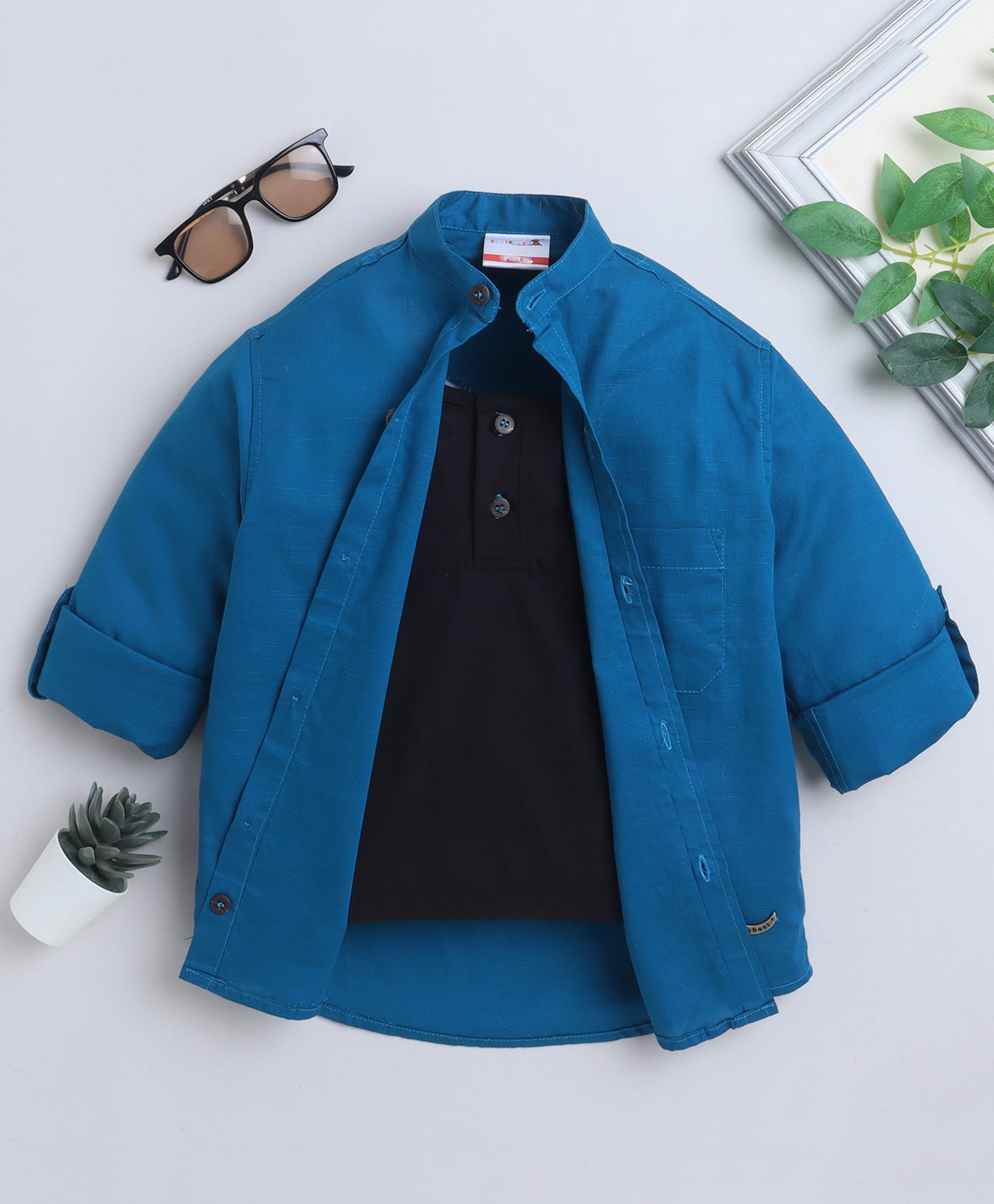 BAATCHEET Cotton Woven Full Sleeves Solid Shirt With Attached Tee - Blue-picture-25