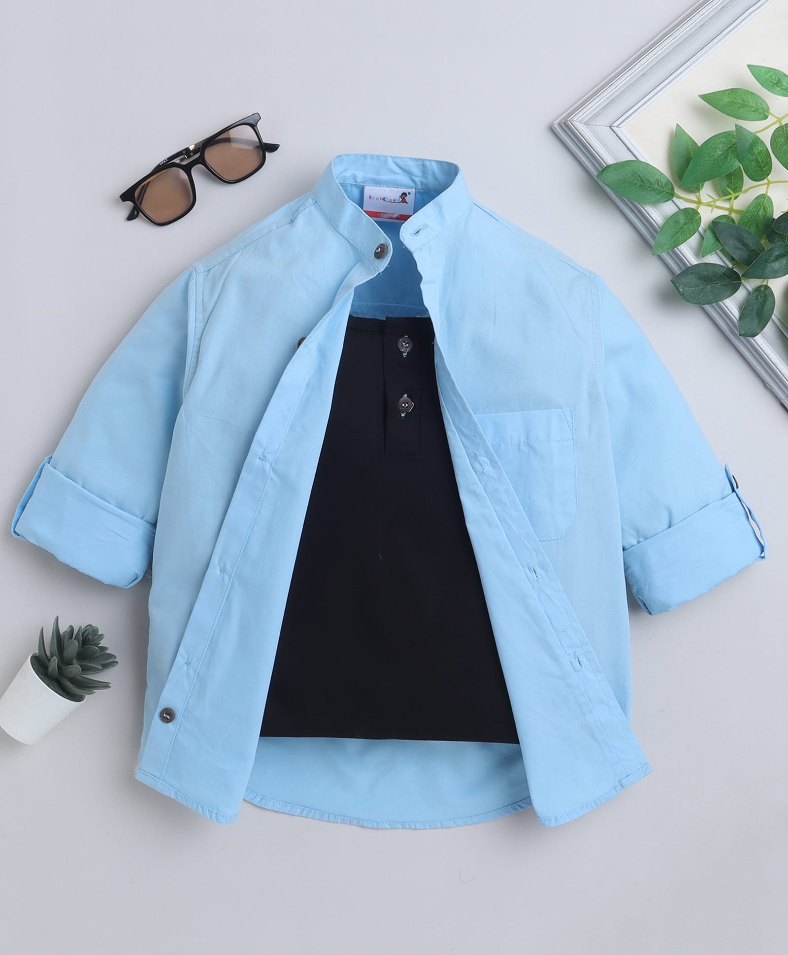 BAATCHEET Cotton Woven Full Sleeves Solid Shirt With Attached Tee - Light Blue-image-41