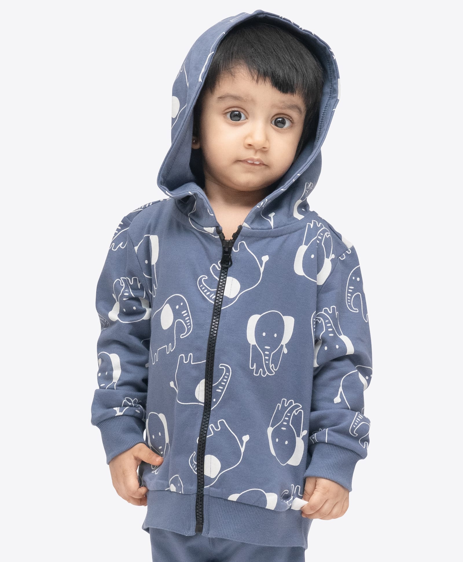 Ariel Cotton Knit Full Sleeves Elephants Printed Hooded Jacket - Blue-image-17