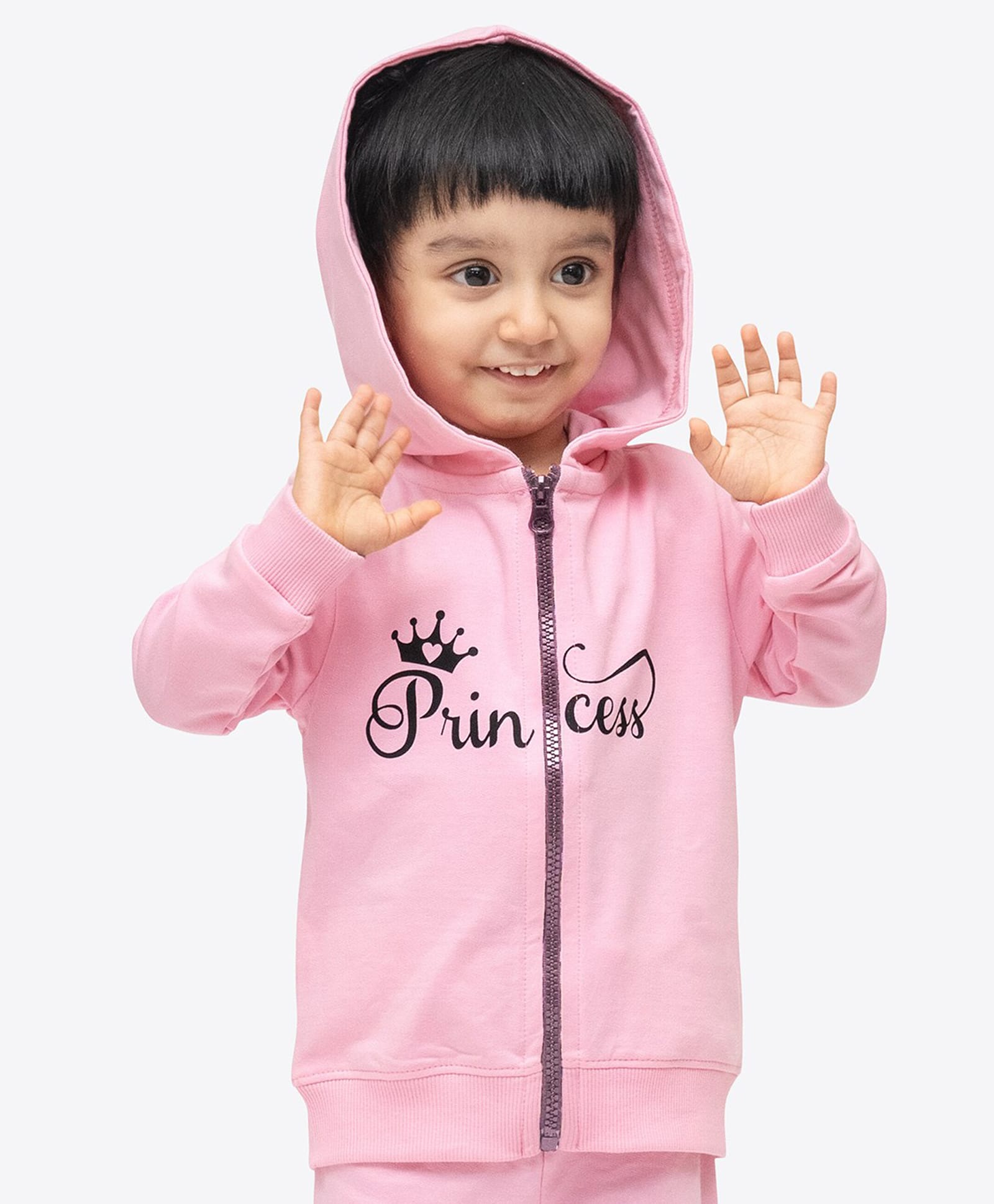 Ariel Cotton Knit Full Sleeves Princess Text Printed Hooded Jacket - Pink-image-10
