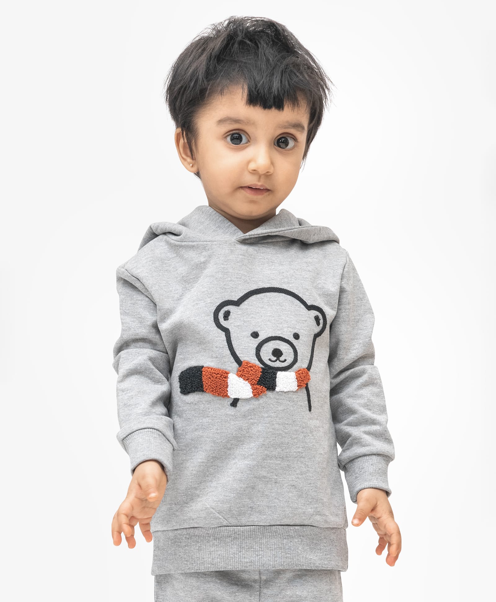 Ariel Cotton Knit Full Sleeves Teddy Bear Patch Detailed Hooded Sweatshirt - Grey Melange-image-37