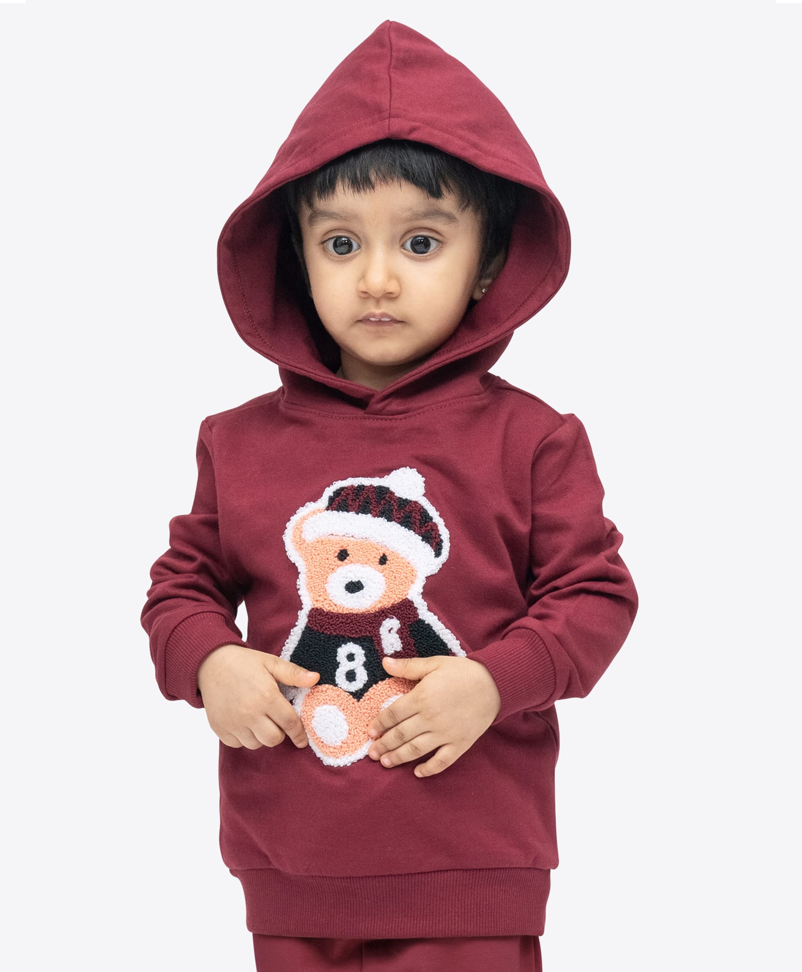 Ariel Cotton Knit Full Sleeves Teddy Bear Patch Detailed Hooded Sweatshirt - Maroon-image-27