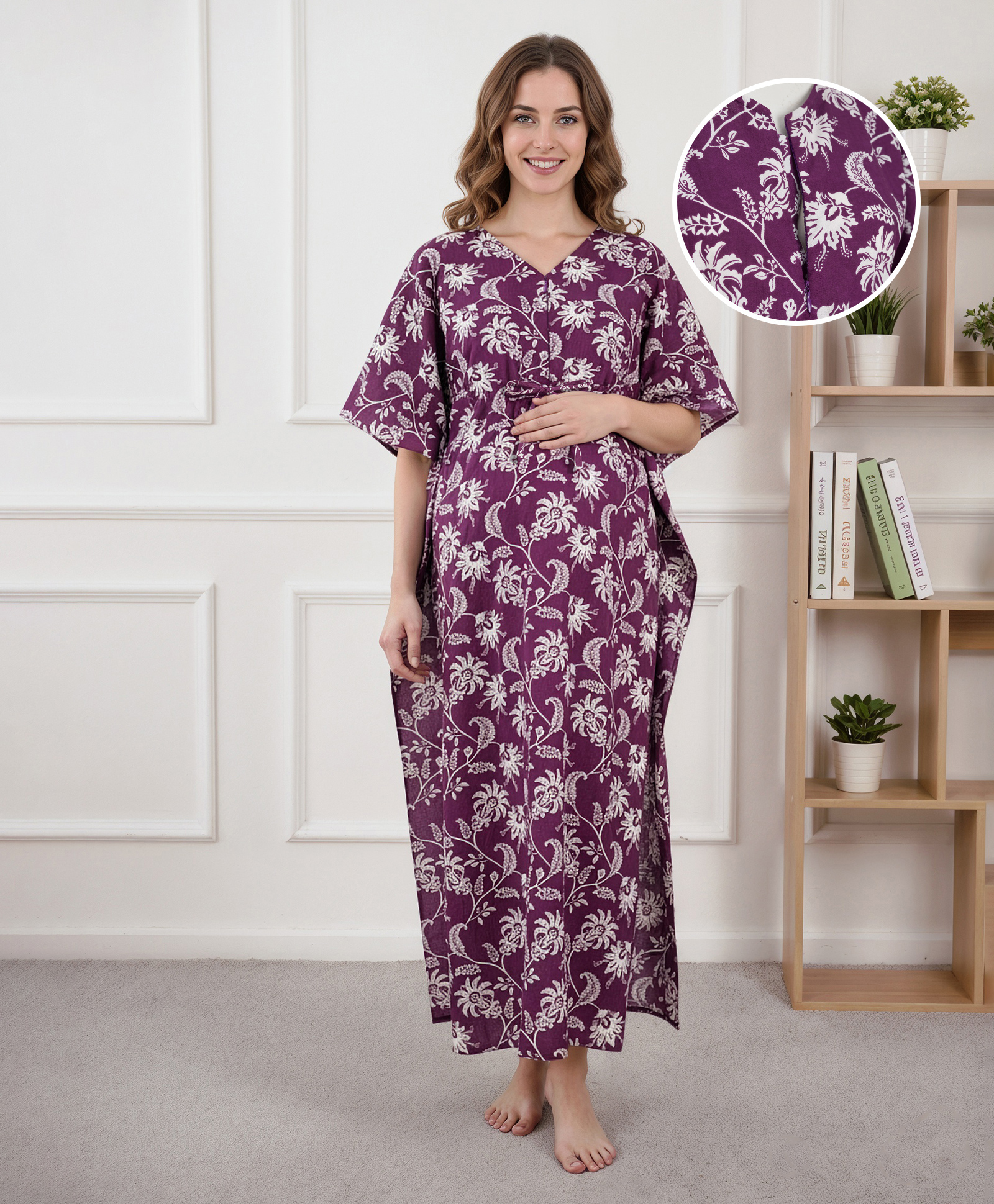 Bella Mama Cotton Woven Half Sleeves Maternity Nursing Kaftan With Floral Print - Purple