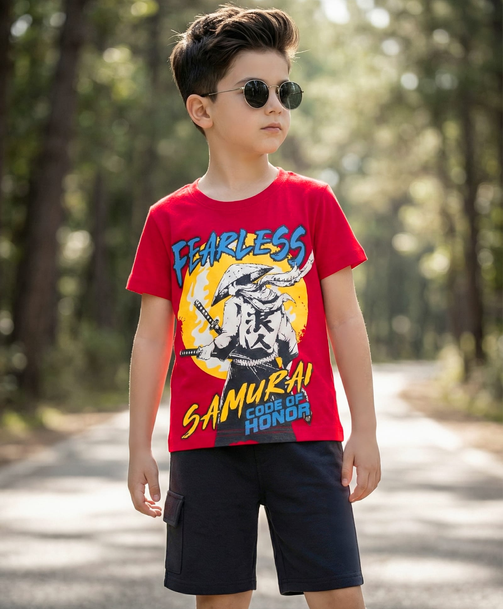 OLLINGTON ST. Cotton Knit Half Sleeves Samurai Printed T-Shirt & Knit Shorts Set - Red & Black-image-13
