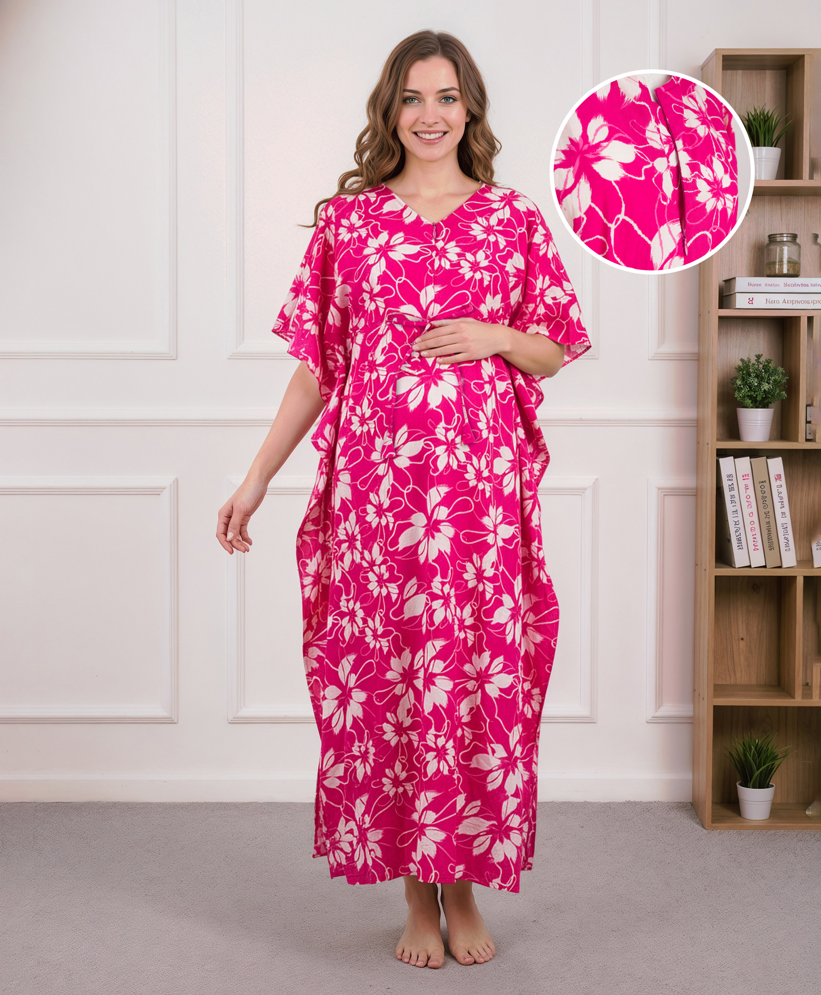 Bella Mama Cotton Woven Half Sleeves Maternity Nursing Kaftan With Floral Print - Pink-image-42