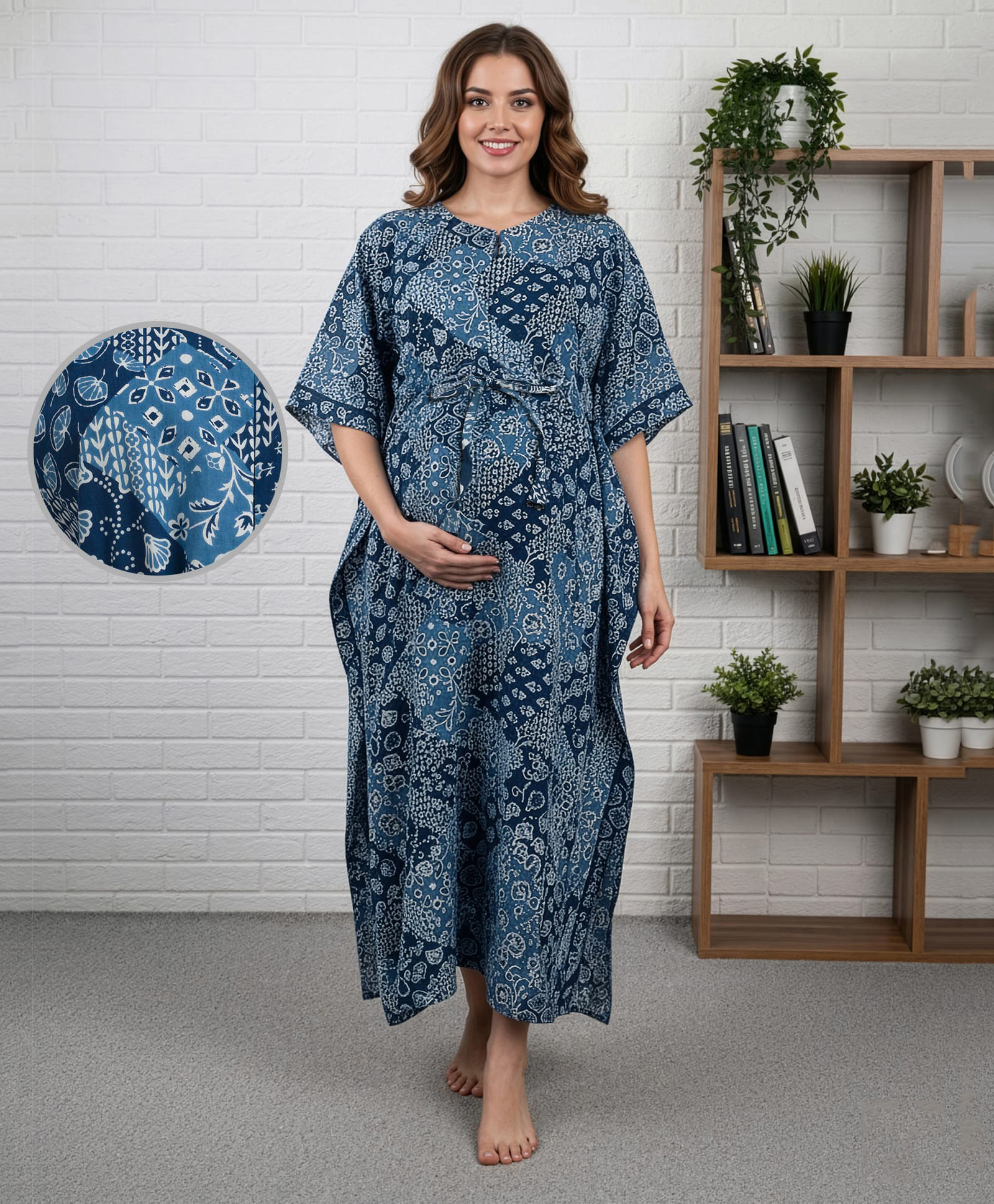Bella Mama Cotton Woven Maternity Kaftan Nursing Nighty with Floral Print - Blue-image-36