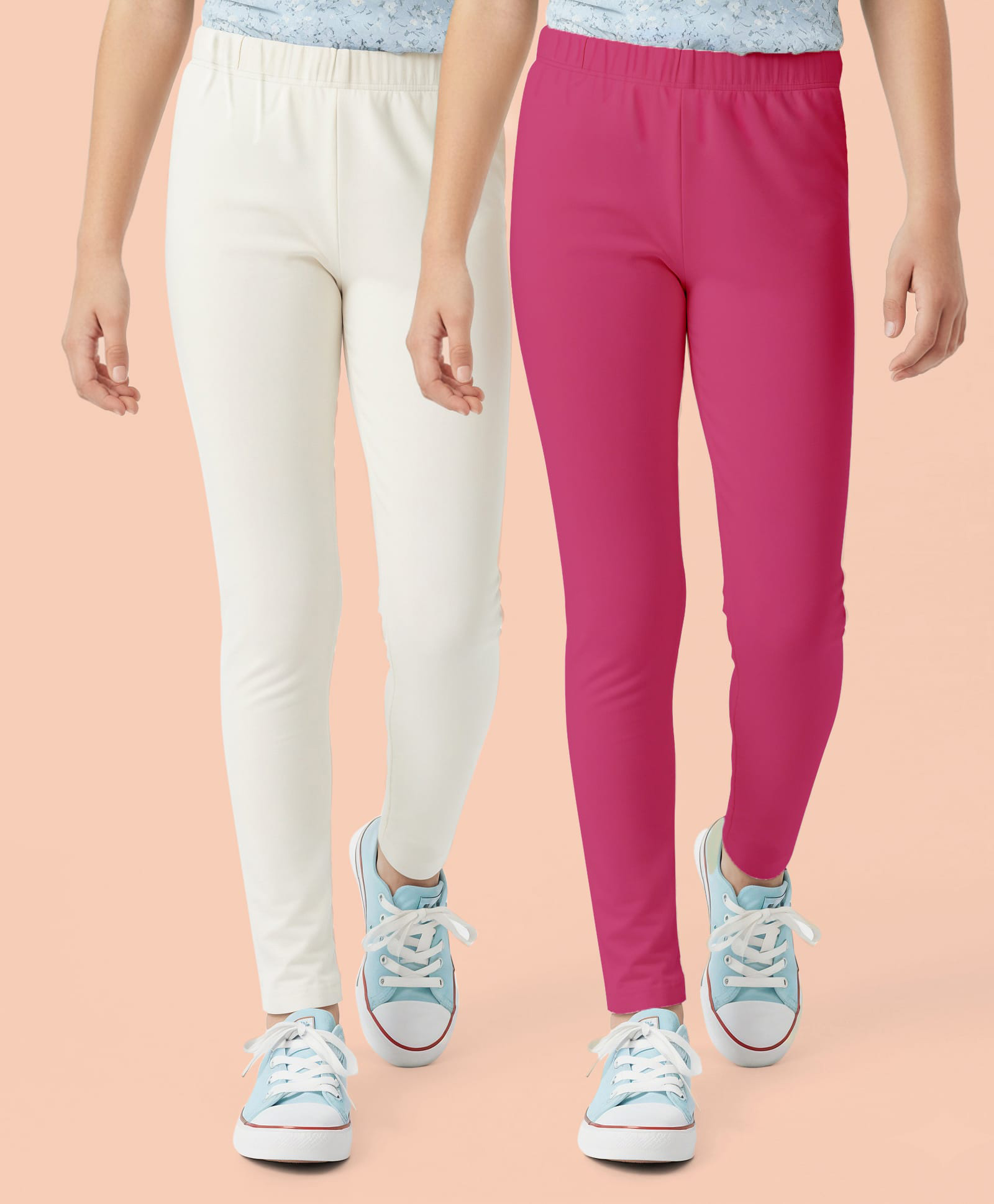 arias by lara dutta Arias Cotton Elastane Kit Full Length Solid Color Leggings Pack of 2 - Fuchsia & White-picture-13
