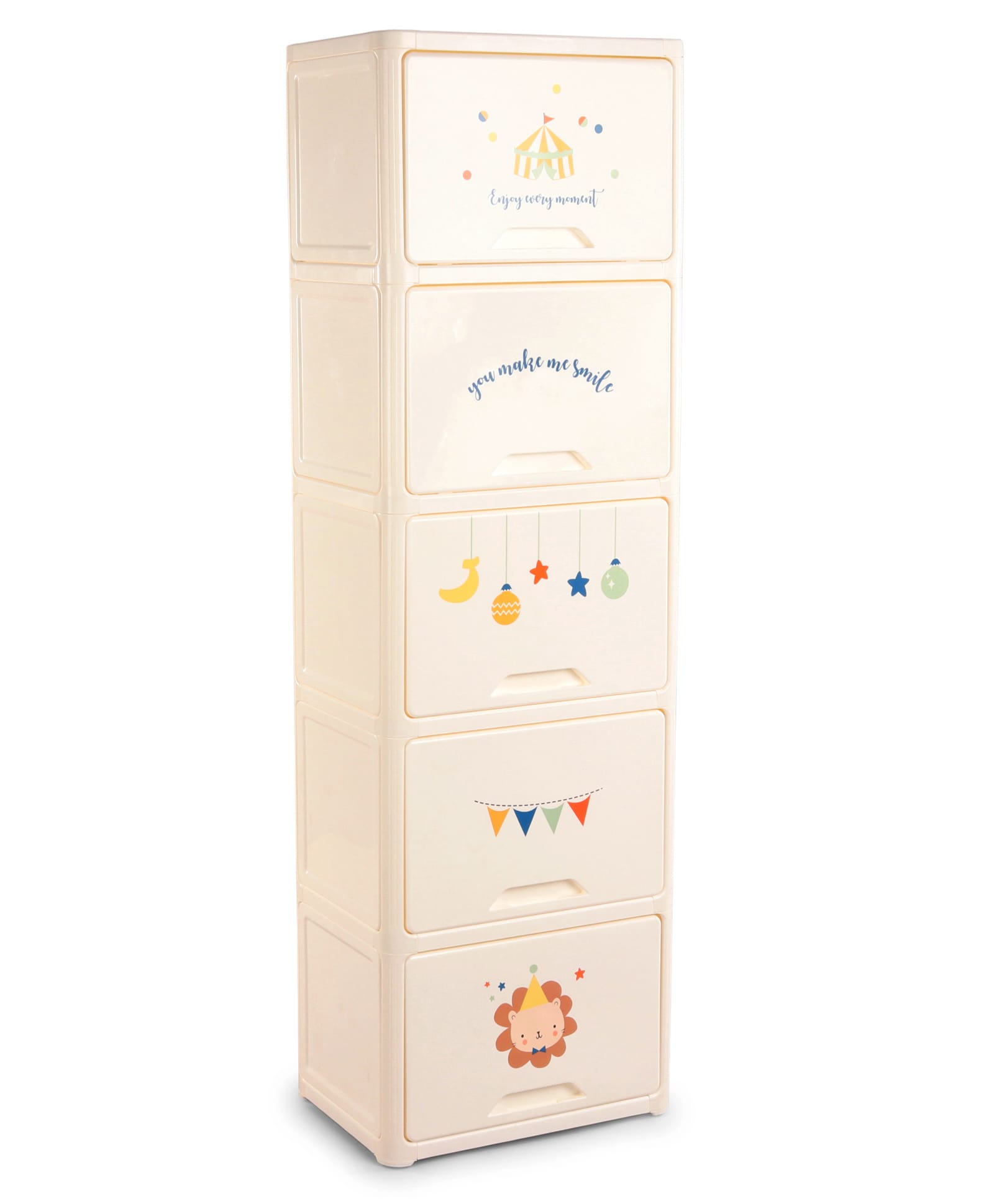Babyhug 5 Layer Sun & Cloud Theme High Density Plastic Storage Cabinet for Kids - White| Multipurpose Organizer for Toys, Books & Clothes| Easy to Install| Easy Open Shelves| Nursery Organizer