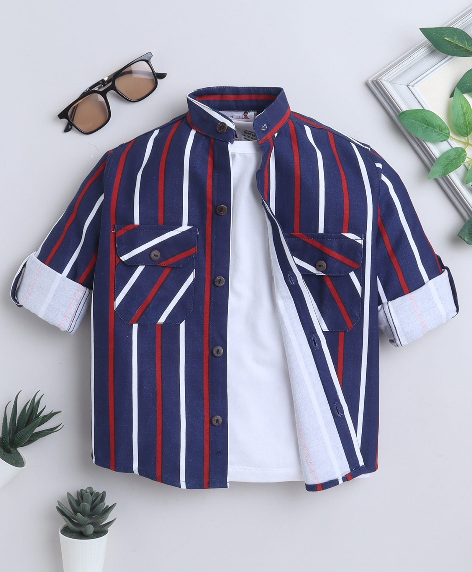 BAATCHEET Cotton Woven Full Sleeves Striped Jacket With Tee - Navy Blue-picture-28